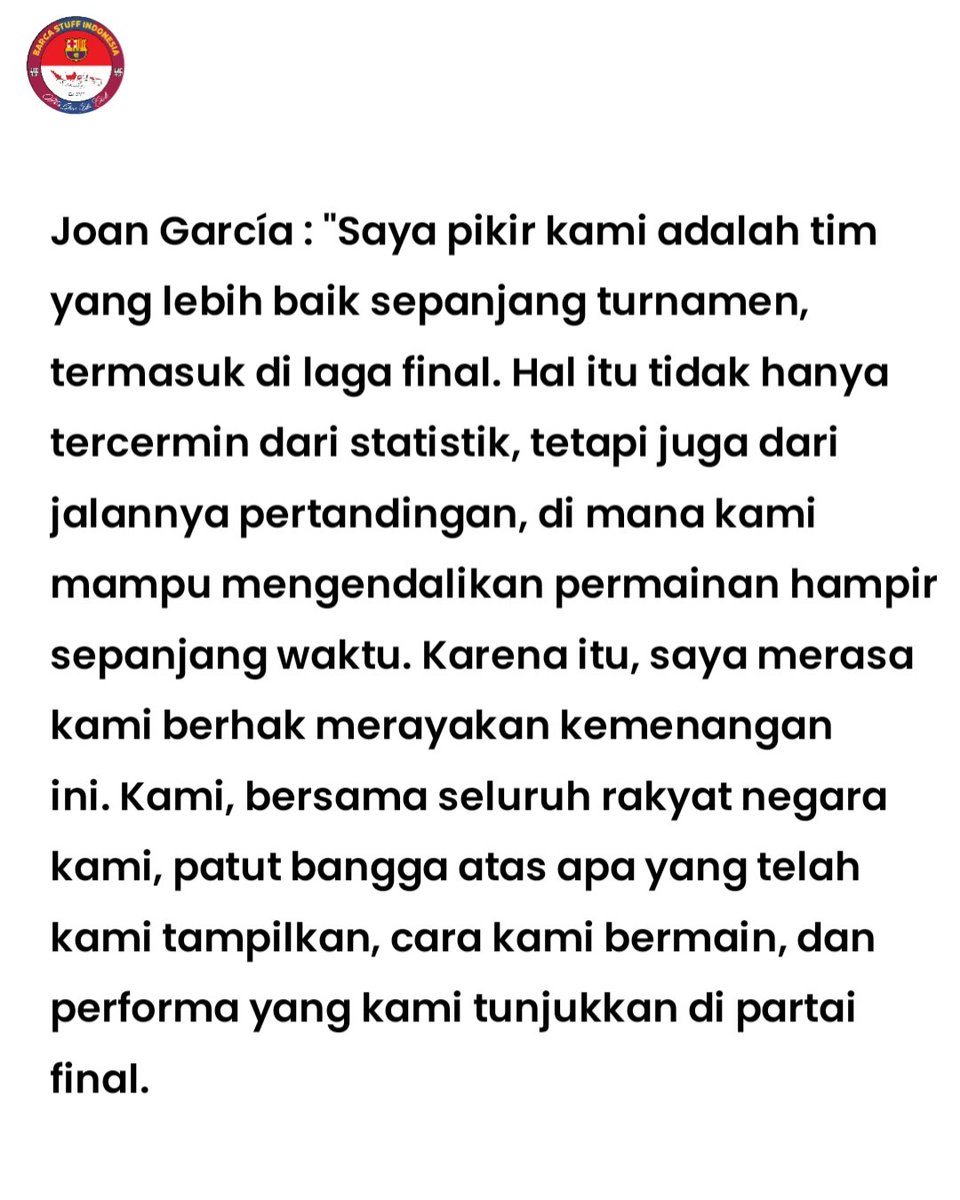 barcastuff_idn's tweet photo. Mengapa orang-orang Argentina mengatakan bahwa laga final dicuri dari mereka? Apakah mereka menyalahkan wasit? Bahkan ada yang sampai berbicara tentang kemungkinan menuntut agar pertandingan diulang. Mungkin dengan cara itu mereka akhirnya bisa melepaskan shots on target dalam 90 menit pertandingan lagi, bukan?

Jawaban Joan Garcia 👇