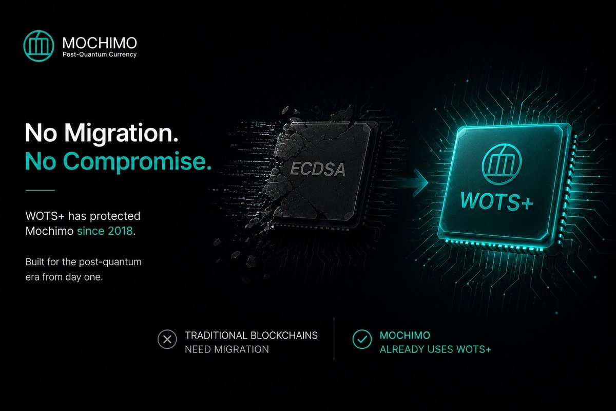 nathanmencoba's tweet photo. Everyone talks about becoming quantum-ready.

Mochimo already is. @mochimocrypto 

Powered by WOTS+ since 2018, Mochimo was designed for the post-quantum era from day one—not retrofitted later.

#Mochimo #MCM #PostQuantum #QuantumSecurity #Blockchain #QuantumComputing https://t.co/XyJKhHk9Mg