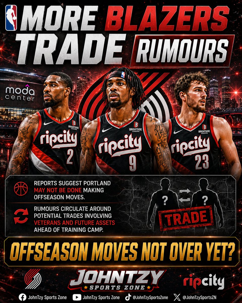 john_rich57362's tweet photo. 👀 Portland may not be done making moves. Trade rumours continue to swirl as the Trail Blazers reportedly explore more roster changes before training camp. Who should they keep or trade? 🔥

#NBA #NBANews #TrailBlazers #RipCity #NBATradeRumors #Portland #Basketball #BreakingNews #JohnTzySportsZone