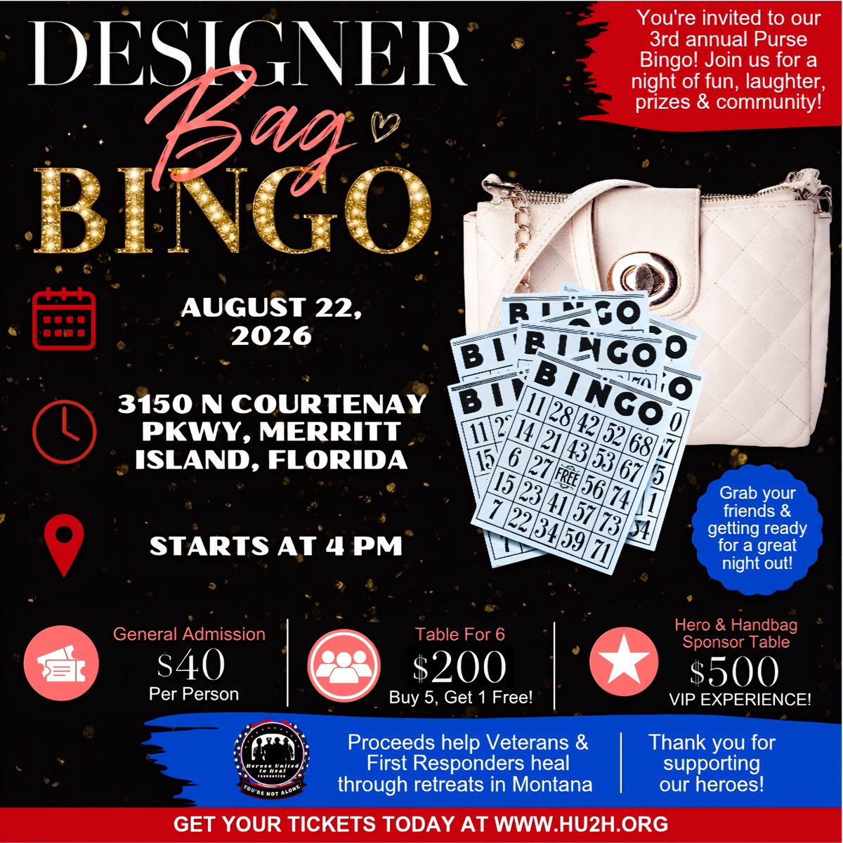 HeroesU2Heal's tweet photo. Grab your lucky charm and join us for our 3rd Designer Bag Bingo! 💙
🗓 Aug. 22, 2026
📍 3150 N Courtenay Pkwy, Merritt Island, FL
🕓 Starts at 4:00 PM
https://t.co/UuJv1e2P2v
#DesignerBagBingo #HU2H #FloridaEvents #SupportOurHeroes https://t.co/AnBWssMtn8