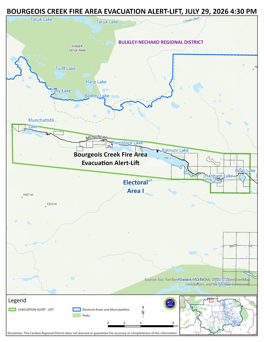 CaribooRD's tweet photo. The Evacuation Alert issued on July 26, 2026 at 3:00 pm for the Bourgeois Creek Fire Area has been lifted to all clear. Interactive map: https://t.co/VyDeT6WbKX Visit www.cariboord.cafor more information. #CaribooFires #BCWildfire @BCGovFireInfo @EmergencyInfoBC https://t.co/eHTjspflQZ