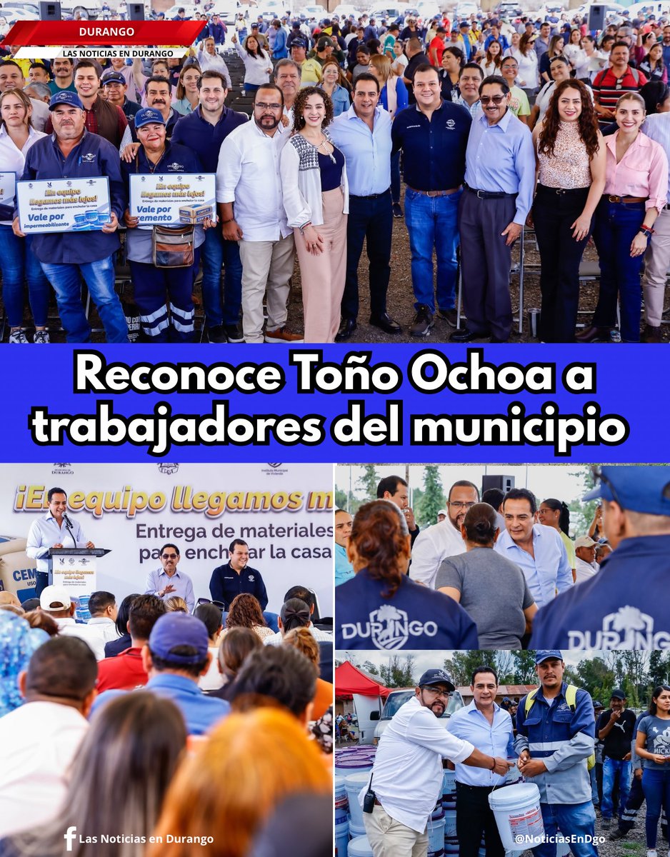 NoticiasenDgo's tweet photo. 🏡👷‍♀️👷‍♂️ Reconoce @josejoseantonio a trabajadores del municipio 👏💙

🔹 Entregan apoyos para el mejoramiento de vivienda a 800 familias de trabajadores municipales. 🧱🏠
🔹 Fortalecen el patrimonio de quienes todos los días hacen que Durango sí funcione. 💪✨

🏡 Con acciones que fortalecen el patrimonio de quienes todos los días hacen que Durango avance, Toño Ochoa reafirmó su compromiso con las y los trabajadores del municipio al entregar apoyos para el mejoramiento de vivienda a 800 familias sindicalizadas, una estrategia que reconoce su esfuerzo y contribuye a brindar hogares más tranquilos, seguros y dignos. 🤝❤️

🧱 A través del Instituto Municipal de la Vivienda (INMUVI), en coordinación con el Sindicato Único de Trabajadores Municipales (SUTM), se distribuyeron materiales subsidiados al 100 % para fortalecer las viviendas de las y los beneficiarios. 🏠✅

🙌 Toño Ochoa agradeció la entrega de quienes diariamente sirven a la gran familia duranguense y destacó: “Ustedes son los que hacen posible que esta ciudad sea una de las más tranquilas del país”, además de reconocer que este apoyo es resultado del trabajo conjunto entre el sindicato y el Gobierno Municipal. 👏🏙️

🏠 El director del INMUVI, Efraín de los Ríos Díaz, subrayó que este programa refleja el compromiso permanente de Toño Ochoa con la vivienda y el bienestar de las familias. Señaló que respaldar a las y los trabajadores también significa proteger “lo más valioso que tienen: su hogar”. ❤️🏡

🤝 Por su parte, el secretario general del SUTM, Jorge Sánchez Lara, destacó que con esta entrega se cumple la cláusula 47 del contrato colectivo de trabajo, un beneficio esperado año con año por las y los trabajadores. 📋✅

🏘️ En el mismo sentido, Jaime Fernández Saracho, director de la COESVI, afirmó que son los trabajadores del municipio quienes construyen el Durango que disfrutan todas las familias y representan un ejemplo de trabajo en equipo y compromiso con la ciudad. 🌟💙

💬 Las y los beneficiarios coincidieron en que este respaldo representa un alivio para la economía familiar. María Silva expresó que mejorar una vivienda no siempre es sencillo y que este tipo de apoyos “hacen una gran diferencia para construir un hogar más digno y en paz”. 🏡✨

🙏 Por su parte, María del Rosario Cuevas aseguró sentirse profundamente agradecida porque, dijo, “un presidente no se había preocupado como él por nosotros”, reconociendo el respaldo que ha recibido de este gobierno. ❤️🙌

👩‍💼 Asimismo, la presidenta de la Comisión de Gestión Territorial y Vivienda, regidora @GabyHLopez , reconoció el trabajo coordinado entre el Gobierno Municipal, el INMUVI y el SUTM para seguir gestionando más apoyos que beneficien directamente a las familias trabajadoras, convencida de que este esfuerzo se traduce en mayor compromiso, responsabilidad y amor por Durango. 🤝🏘️

💙🏡 Con programas que fortalecen el patrimonio de quienes sirven a la gran familia, Toño Ochoa continúa impulsando un gobierno que responde con hechos, reconoce el esfuerzo de su equipo y demuestra que el bienestar de la gran familia duranguense comienza también desde el hogar. 👏✨