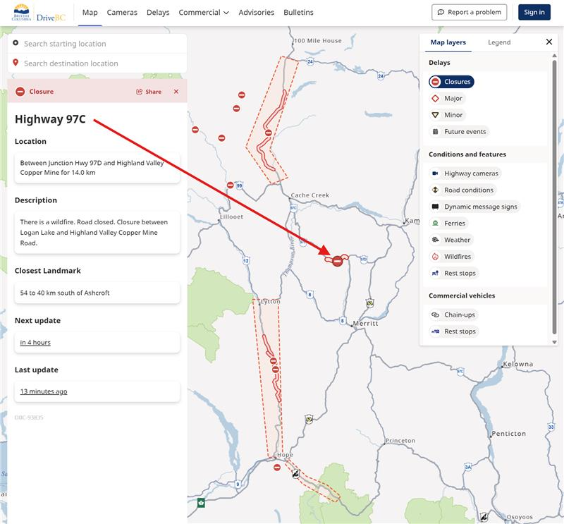 DriveBC's tweet photo. ⛔🔥CLOSED - #BCHwy97C is CLOSED in both directions between the #BCHwy97D Junction and Highland Valley Copper Mine due a wildfire near Logan Lake. #LoganLakeBC #AshcroftBC
This wildfire is newly developing and within close proximity to the highway.

ℹ️BC Wildfire Map (K21320): https://t.co/0PXqHTDifk
ℹ️DriveBC info: https://t.co/LfKbrukmVy