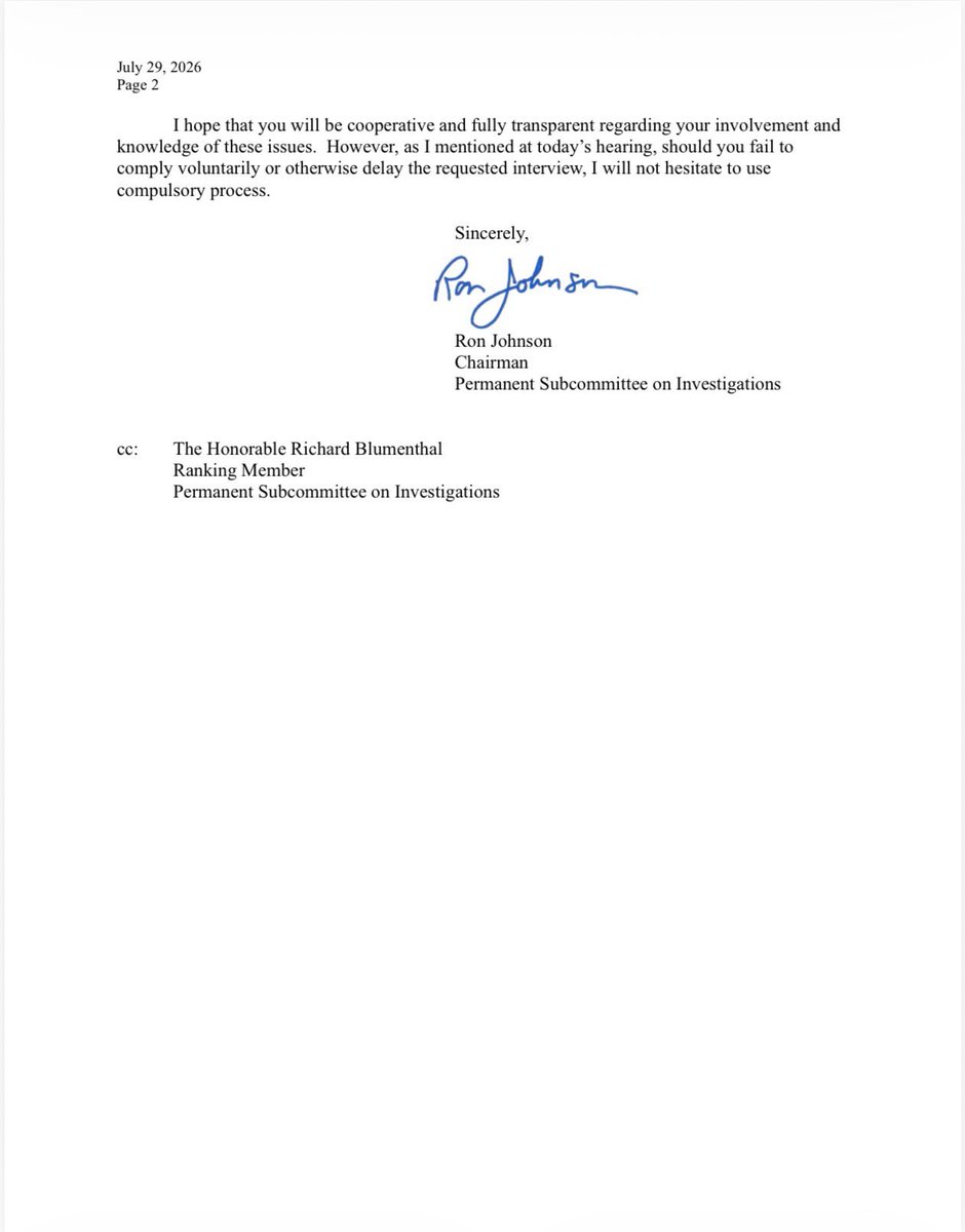 SenRonJohnson's tweet photo. I just sent letters to former FDA officials and Anthony Fauci to appear voluntarily for transcribed interviews.  

The American people deserve answers, and I will issue subpoenas if they do not appear voluntarily. https://t.co/HQ3ruowgMQ