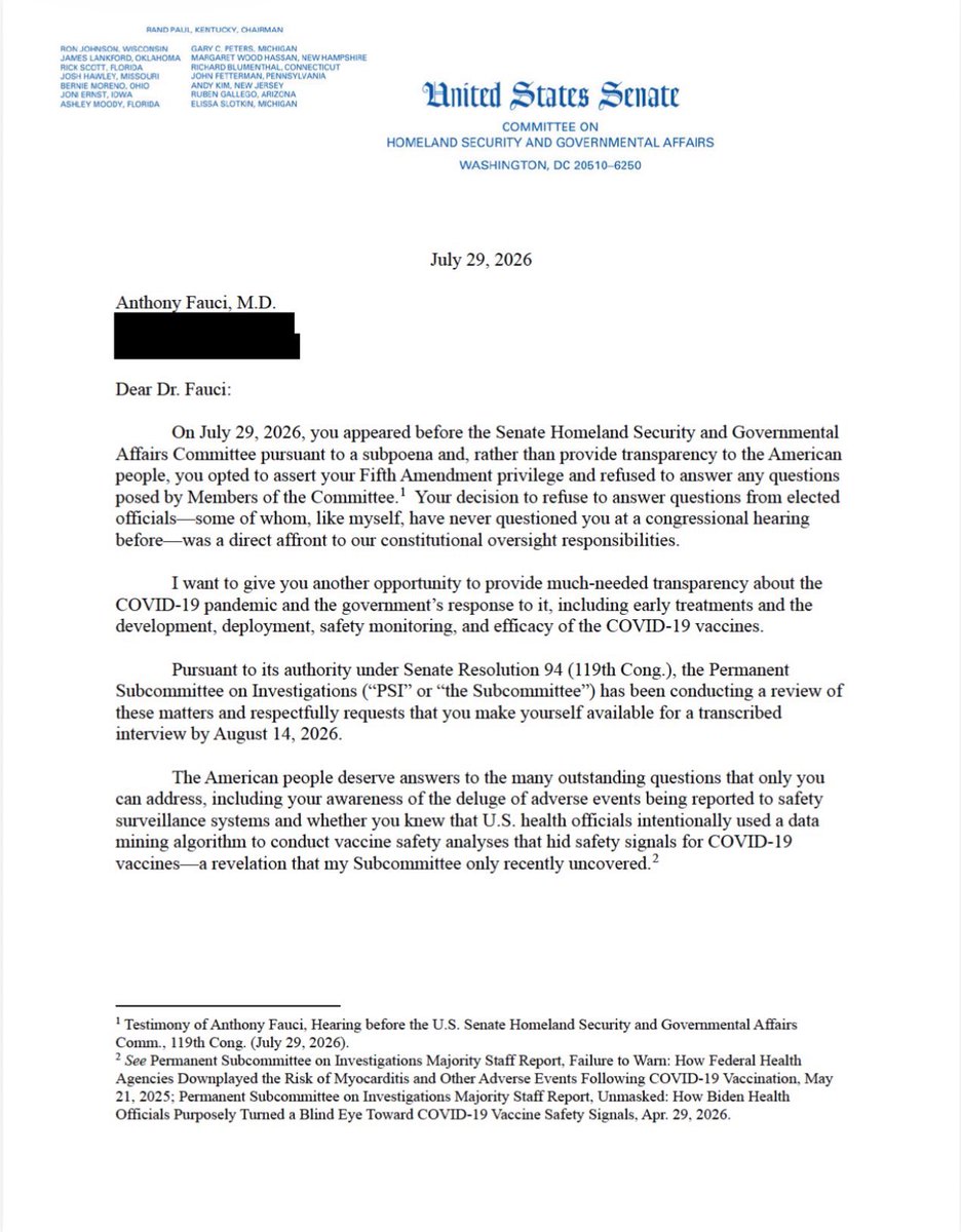 SenRonJohnson's tweet photo. I just sent letters to former FDA officials and Anthony Fauci to appear voluntarily for transcribed interviews.  

The American people deserve answers, and I will issue subpoenas if they do not appear voluntarily. https://t.co/HQ3ruowgMQ