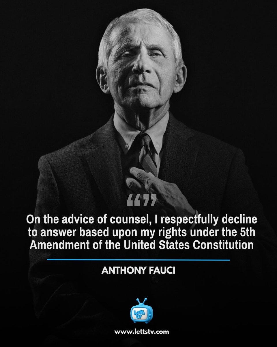 letts_tv's tweet photo. THE SCIENCE OF THE 5TH AMENDMENT!
Dr. Anthony Fauci invoked the Fifth Amendment 111 times and refused to answer lawmakers' questions during Wednesday's Senate hearing.
#AnthonyFauci #Fauci #Trump #JFKJR #Covid19 #Covid #Wuhan #China #USA #Iran #Israel #Netanyahu https://t.co/zwtvLFB5wd