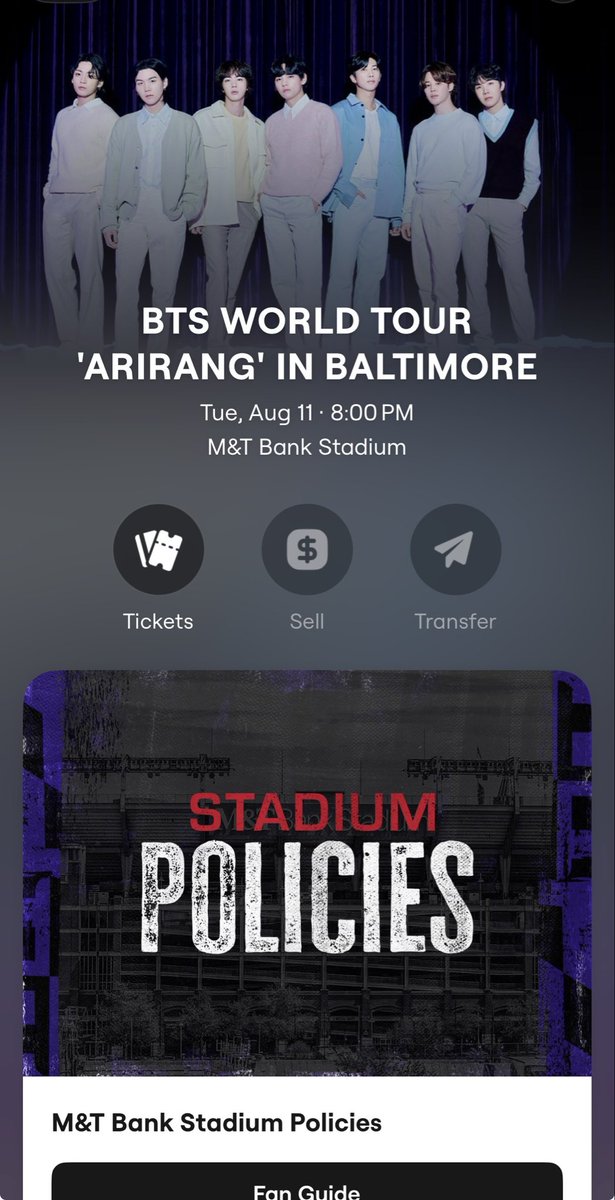 PositiveVibesWF's tweet photo. SELLING 1 BALTIMORE 8/11 TICKET

📍 M&amp;T BANK STADIUM
🎟️ SEC Field F
💰 USD851.29 (ORI PRICE)

@875tickets #Bts #BTS_ARİRANG https://t.co/f4b4RE41aJ