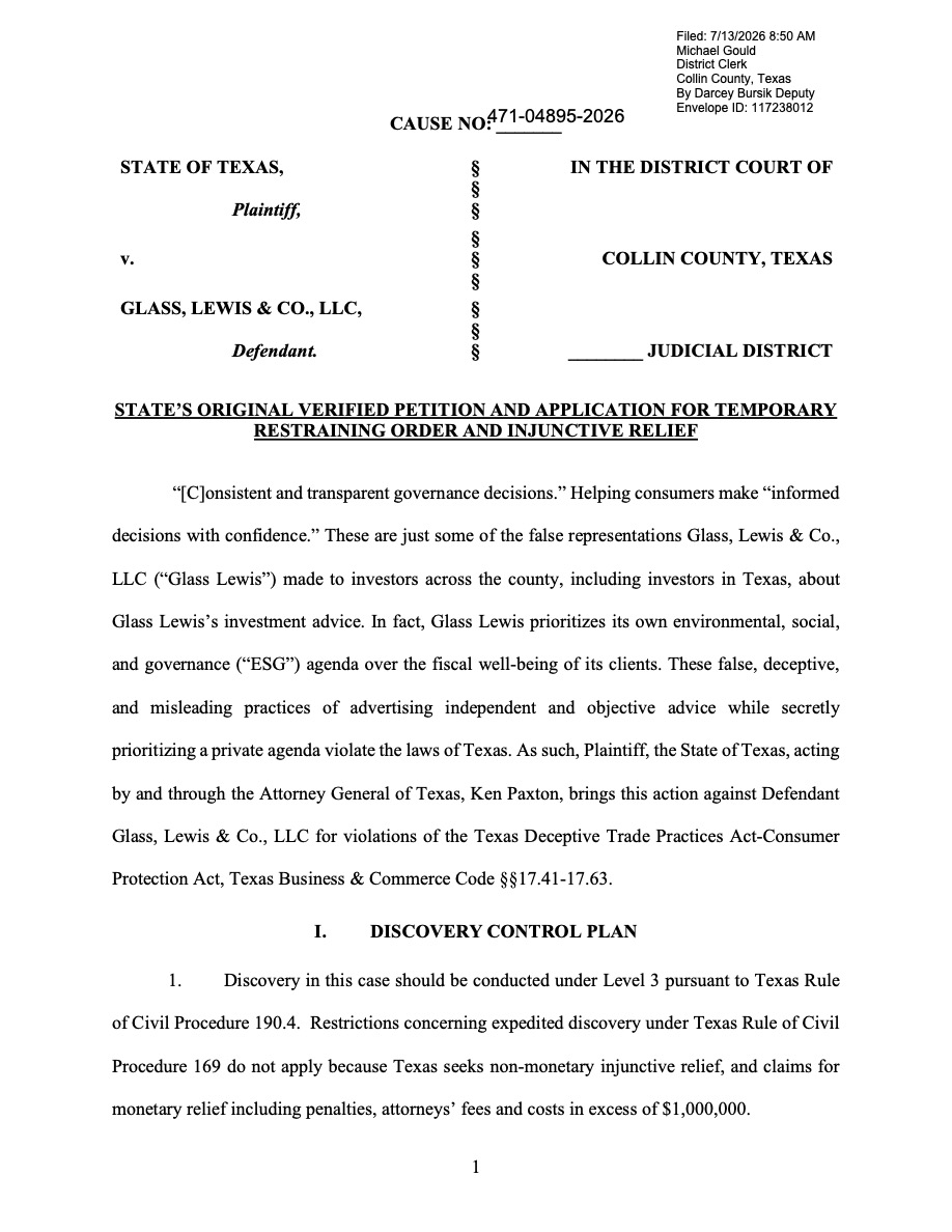 WillHild's tweet photo. JUST IN: Texas moves to hold the Proxy Advisory Duopoly accountable for deceiving consumers and pushing the woke agenda.

Let's break it down👇

Texas Attorney General @KenPaxtonTX has filed a lawsuit against one of the two main proxy advisors in the proxy advisory duopoly, @GlassLewis, alleging that the foreign-owned firm made false representations about its services to investors across the country, including in Texas and violated the Texas Deceptive Trade Practices Act-Consumer Protection Act.

The lawsuit argues Glass Lewis's advertising is deceptive and fails to inform client of its ESG priorities.

This is HUGE — Glass Lewis has spent years prioritizing racist DEI quotas, climate activism, and other outdated ESG policies while claiming to serve investors' financial interests.

This deception is not just financially reckless but also illegal and must be met with consequences. This lawsuit is just another example of Texas leading the way to stop woke agendas and protect consumer investments from political activism.