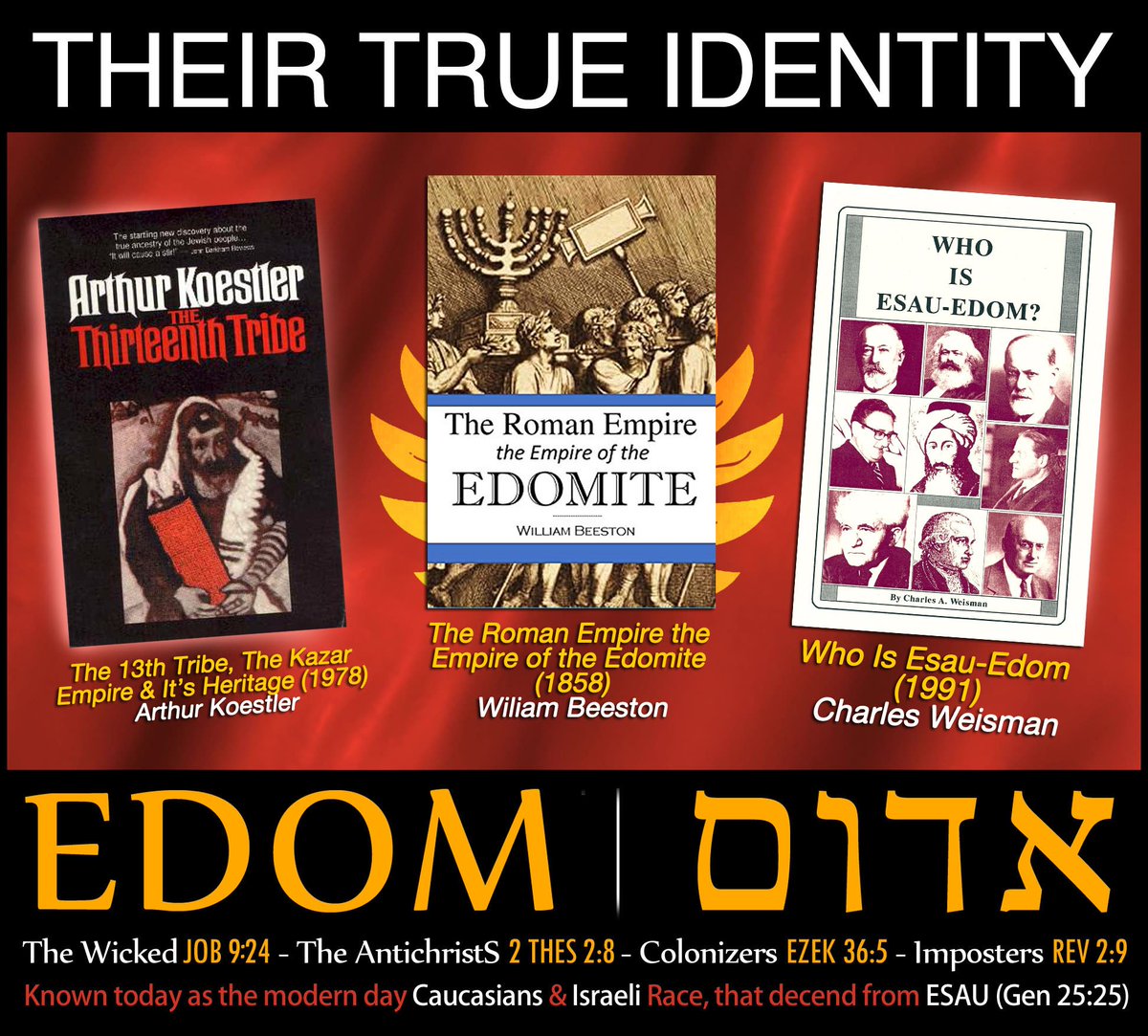 Yashayah144000's tweet photo. @GSoothsayer17 These ARE the #EDOMITES, from the biblical nation of #EDOM which is prophesied to impersonate the chosen while stealing the holy land & deceive the entire world and rule it in #Wickedness until they are revealed as the #Antichrists ... WAKE UP, Their #EDOM (MALACHI 1:4) https://t.co/D7zwnCNswI