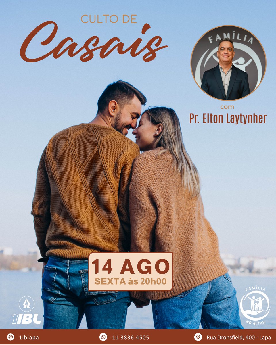 1iblapa's tweet photo. 💑 Culto de Casais

Na sexta-feira, dia 14/08, às 20h, teremos o Culto de Casais, com uma mensagem inspiradora ministrada pelo Pr. Elton Laytynher.  
Após o culto, teremos um momento especial de comunhão entre os casais, com um delicioso lanche preparado com carinho para vocês. https://t.co/zMMYCYOqIc
