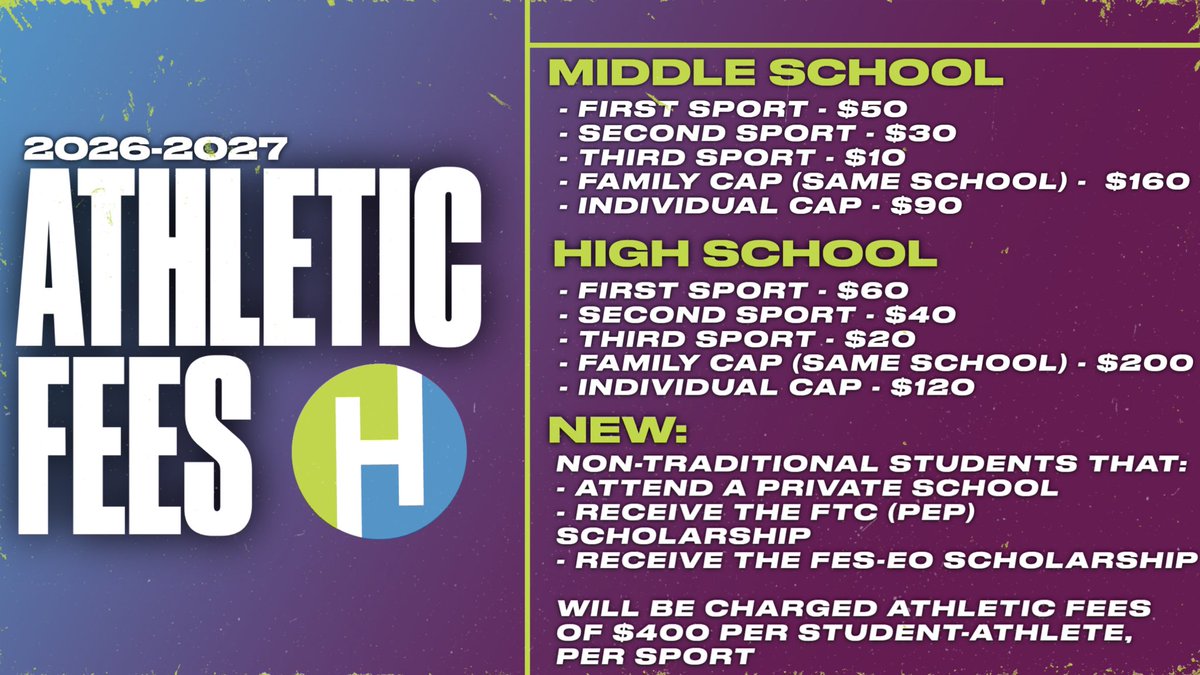 HernandoCo_Ath's tweet photo. Athletic Fees for 26-27 will remain the same as last school yr. w/ 1 exception.

🚨New for 26-27
Non-Traditional Students that attend a private school, or receive the FTC (PEP) scholarship or the FES-EO scholarship will have an Athletic Fee of $400 per student-athlete, per sport. https://t.co/ozO8ol3od3