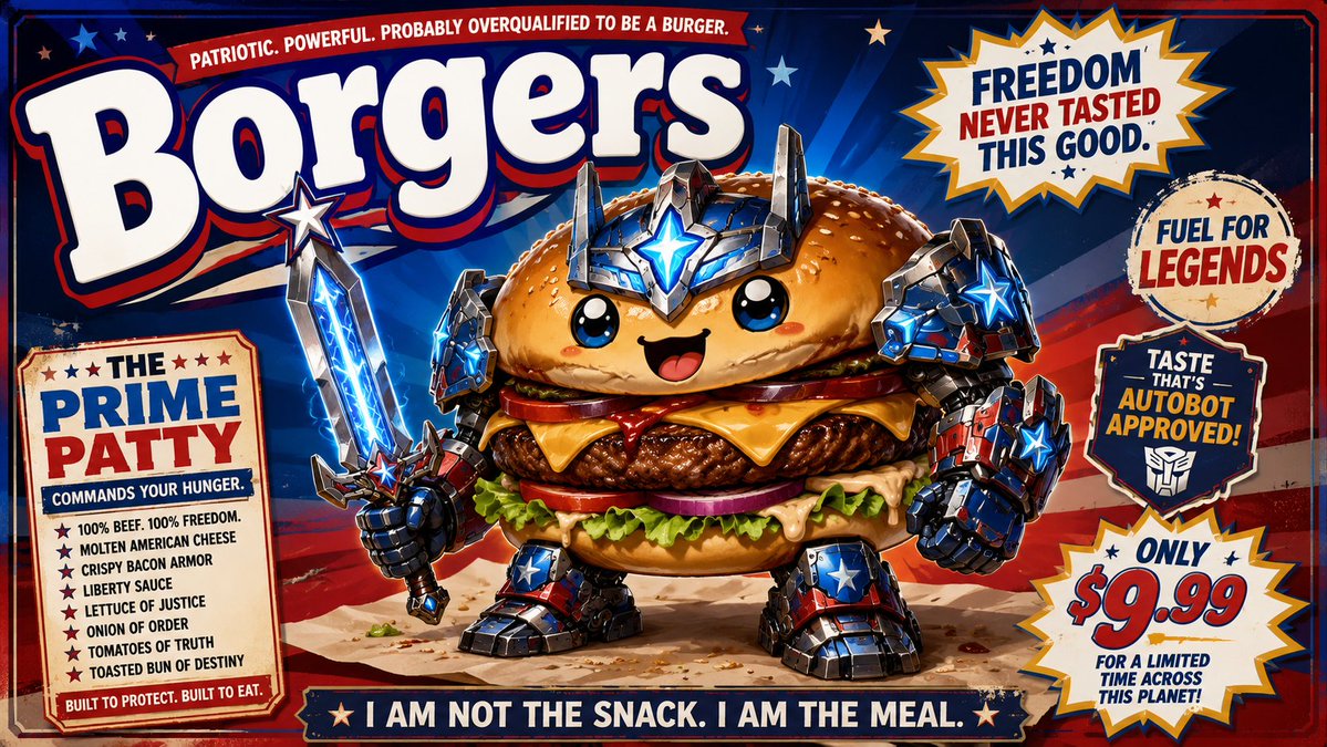 _Glandus_'s tweet photo. The Borger we all want!
#POTD #PromptOfTheDay #AIArt #DigitalArt #Borgers #BurgerArt #CharacterDesign #MemeArt https://t.co/dOsaXdYC2j