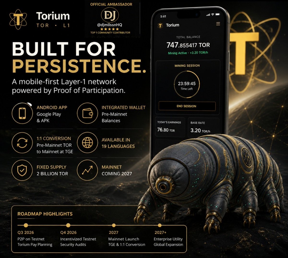 djmllssnHQ's tweet photo. 🚀 Torium Network continues to build, step by step.

A serious Web3 project isn't defined by promises alone. It's defined by continuous progress.

Today, Torium offers:

📱 Android app available on Google Play & APK
👛 Integrated wallet with pre-mainnet balances
🔄 1:1 conversion from Pre-Mainnet #TOR to Mainnet at TGE
⛏️ Mobile mining powered by Proof of Participation
🌍 Available in 19 languages
📈 Fixed supply of 2 Billion $TOR

And this is only the beginning.

The roadmap already includes large-scale incentivized testnet, security audits, Torium Pay, enterprise integrations, and the Mainnet launch in 2027.

The strongest ecosystems aren't built overnight.

They are built through consistency.

🎁 Join Torium Network for free

🔗 https://t.co/t9SogCEHlz

Invite Code: TORIUM-6G1N6C

📢 Community: https://t.co/VI1MTZFLkn

What matters most to you when evaluating a blockchain project: technology, tokenomics, or long-term utility?

@ToriumNetwork
 #TOR #Web3 #Blockchain #Crypto #Layer1