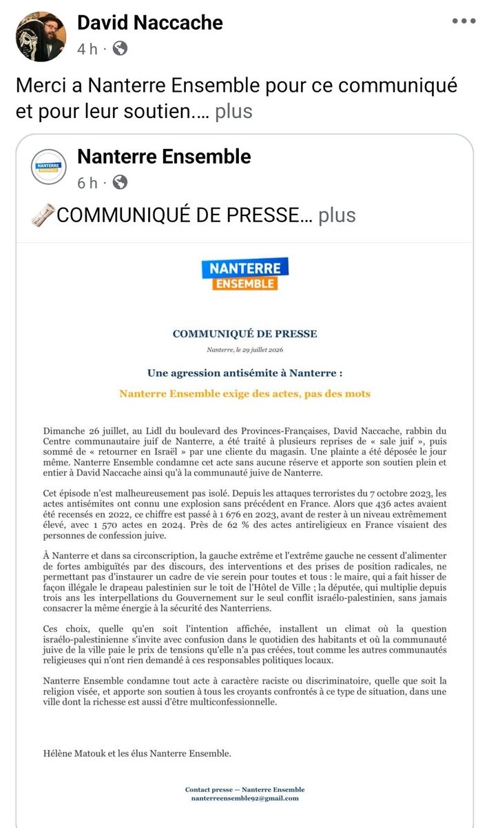 BenjGoldnadel's tweet photo. 🔴 Le rabbin de Nanterre victime d'une agression antisémite : la victime s'associe à un communiqué qui pointe du doigt la politique d'extrême gauche et obsessionnellement pro-palestinienne du maire et de "la députée de la ville": 

"À Nanterre et dans sa circonscription, la gauche extrême et l'extrême gauche ne cessent d'alimenter de fortes ambiguïtés par des discours, des interventions et des prises de position radicales, ne permettant pas d'instaurer un cadre de vie serein pour toutes et tous : le maire, qui a fait hisser de façon illégale le drapeau palestinien sur le toit de l'Hôtel de Ville ; la députée, qui multiplie depuis trois ans les interpellations du Gouvernement sur le seul conflit israélo-palestinien, sans jamais consacrer la même énergie à la sécurité des Nanterriens".

Madame la Députée EELV du 92 @SabrinaSebaihi , vous venez de communiquer sur cette agression. 
Sauriez-vous, par hasard, qui est cette députée pointée du doigt par ce communiqué partagé par la victime que vous auriez malencontreusement oublié d'évoquer ? 

Traitée à plusieurs reprises de "sale juif" puis sommé de "retourner en Israël", je lui souhaite de ne plus jamais avoir à subir les conséquences de la politique d'extrême gauche qui sévit dans votre circonscription.