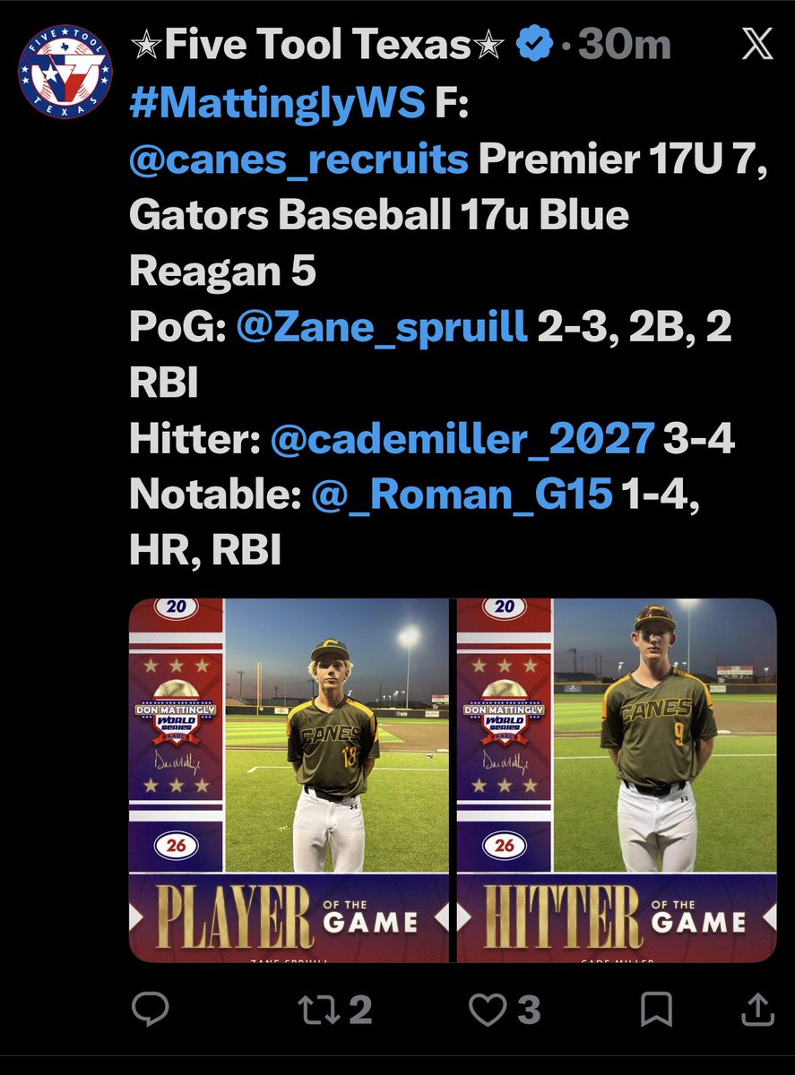 cademiller_2027's tweet photo. Had a great summer with my @TheCanesSW teammates! Thank you to @Texas_PG 
@FiveToolTexas 
@EJtrap18 and @canes_recruits for the opportunities.

Batted .360/.543/.600 over 70 PA with 9XBH and 18BB

@BowieDugout @DustinLMcComas https://t.co/O6xQkEPsPw