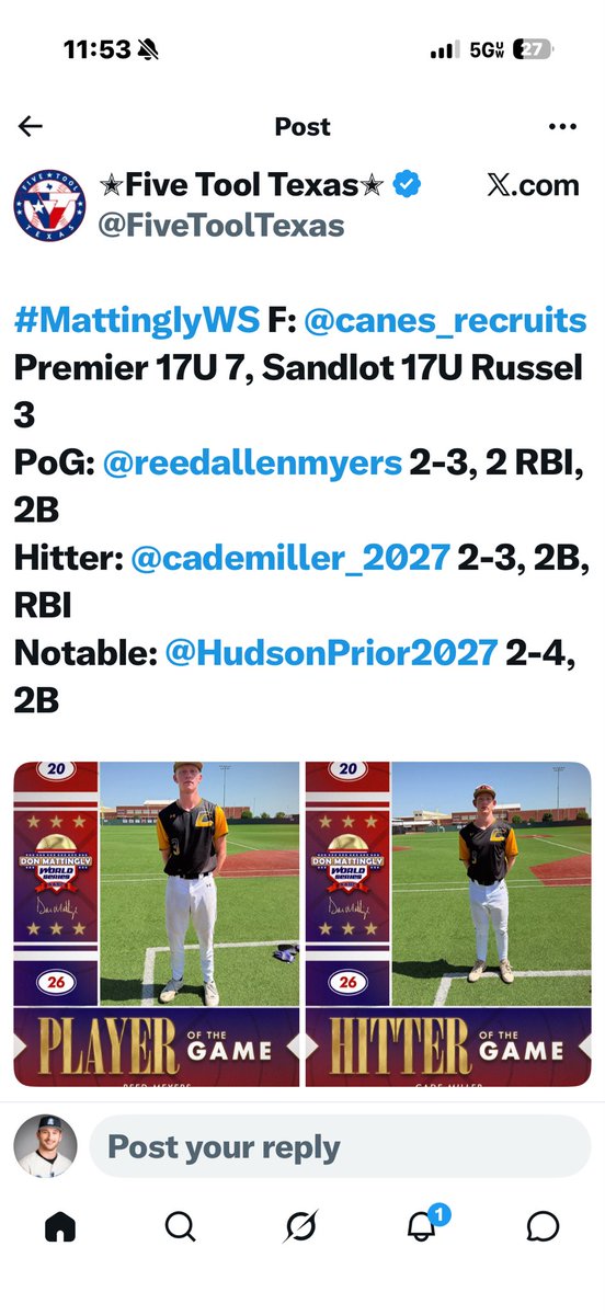 cademiller_2027's tweet photo. Had a great summer with my @TheCanesSW teammates! Thank you to @Texas_PG 
@FiveToolTexas 
@EJtrap18 and @canes_recruits for the opportunities.

Batted .360/.543/.600 over 70 PA with 9XBH and 18BB

@BowieDugout @DustinLMcComas https://t.co/O6xQkEPsPw