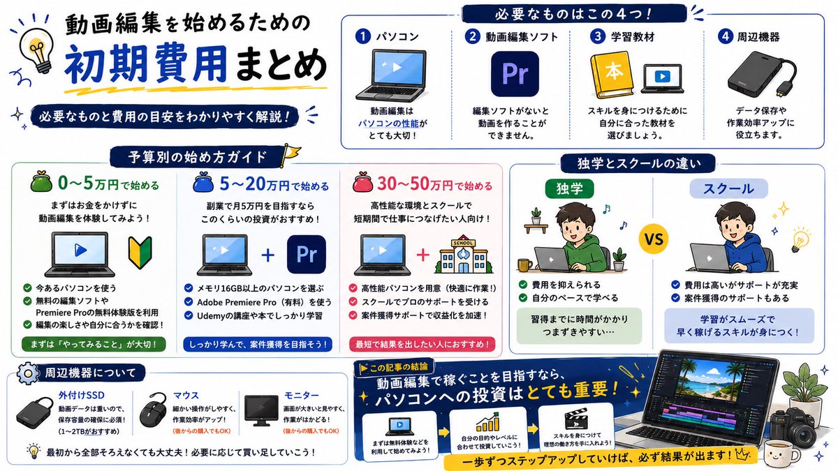 RecmA_no_R's tweet photo. 動画編集って、お金がかかりそう…

実は、始め方は予算次第！

✔︎ 0〜5万円
✔︎ 5〜20万円
✔︎ 30〜50万円

自分に合ったスタートでOK✨

大切なのは、最初から全部そろえることではなく、必要なものから少しずつ始めること！

これから動画編集を始めたい人は、ぜひ保存して参考にしてください♪ https://t.co/eE3CNfZFH9