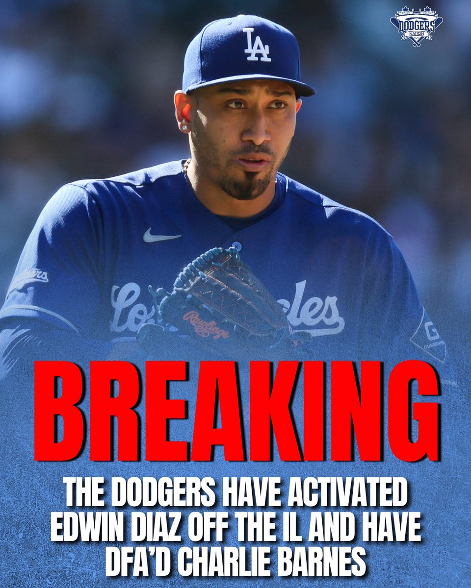 DodgersNation's tweet photo. BREAKING: The Dodgers have activated Edwin Diaz off the IL 🚨

Charlie Barnes has been DFA’d in the process.

Diaz back for his bobblehead night! https://t.co/qqK7djgauz