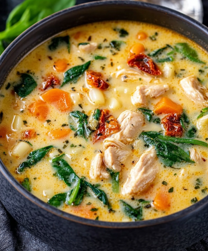 summer_food's tweet photo. Creamy Marry Me Chicken Soup with Sundried Tomatoes

🛒 Ingredients

1 tablespoon olive oil

1 medium onion, chopped

1 medium carrot, chopped

2–3 celery stalks, chopped

2 large garlic cloves, minced

½ cup sundried tomatoes, chopped

A pinch of red chili flakes

1 bay leaf

¾ cup ditalini pastaGrains & Pasta

6 cups chicken stock

½ cup low-fat cream cheese

½ cup half and half

2 cups shredded rotisserie chicken

⅓ cup grated Parmesan cheese, plus extra for serving

2 cups fresh baby spinach

Salt and freshly ground black pepper, to taste

👩‍🍳 Instructions

1. Sauté the vegetables — the aromatic foundation
Begin by heating the olive oil in a large soup pot or Dutch oven over medium heat. Once shimmering, add the chopped onion, carrot, and celery. These three vegetables—known as mirepoix—form the heart of countless soups and stews.Soups & Stews

Sauté for 5 minutes, stirring frequently, until the onions soften and turn translucent. The carrots and celery should lose some of their firmness but not caramelize. At this stage, the base of your soup becomes fragrant and slightly sweet.

2. Add aromatics and sundried tomatoes — building depth

Stir in the minced garlic, letting it cook for about 30 seconds, just until fragrant. Add the chopped sundried tomatoes, which bring a bold, tangy sweetness that perfectly complements the creamy broth

Sprinkle in a pinch of red chili flakes to add gentle warmth—not enough to make the soup spicy, but just enough to brighten the flavors. Cook for 1 more minute, allowing everything to meld.

3. Add pasta and simmer the soup
Place the bay leaf into the pot, then add the ditalini pasta. Pour in the chicken stock, stirring well to combine all the ingredients.

Raise the heat to bring the soup to a gentle boil. Once boiling, reduce the heat and let it simmer for 10–12 minutes, or until the pasta is almost cooked. As the pasta softens, it releases starch into the broth, giving the soup a naturally velvety consistency even before you add the dairy.

4. Melt in the cheeses — transforming the texture
Lower the heat and add the cream cheese. Stir continuously as it softens and melts into the broth, creating a luscious, creamy base. Follow with the half and half, which enriches the soup without making it overly heavy.

Allow the mixture to simmer gently until the cream cheese is fully incorporated. You’ll notice the broth thickening and becoming beautifully silky—the signature texture of Marry Me Chicken dishes.

5. Add chicken, Parmesan, and spinach — finishing the soup
Stir in the shredded rotisserie chicken. Because the chicken is already cooked, you simply need to heat it through.

Add the grated Parmesan cheese, stirring until it melts into the soup, amplifying the savory, umami flavor. Finally, add the baby spinach; cover the pot for 1–2 minutes until it wilts gently without overcooking.

6. Season and serve
Taste the soup and season with salt and freshly ground black pepper.

Serve hot, ladled into deep bowls, and finish with extra grated Parmesan for added richness.
