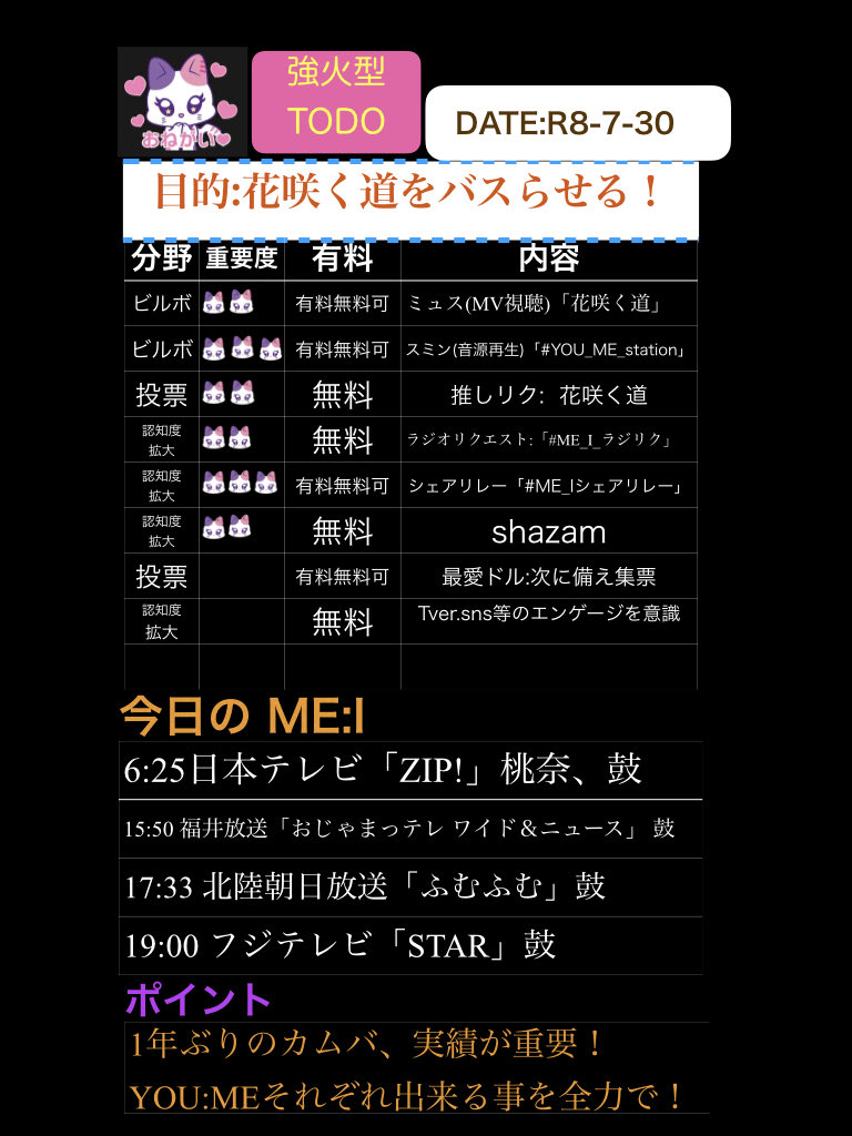 kVcfrozlDrhiFP7's tweet photo. おはよう！
朝の挨拶とともに、本日の予定とTODOリストはこちら〜

強化型YOU:ME TODOリスト(7/30)

□ 6:25日本テレビ「ZIP!」桃奈、鼓
15:50 福井放送「おじゃまっテレ ワイド＆ニュース」 鼓
17:33 北陸朝日放送「ふむふむ」鼓
19:00 フジテレビ「STAR」鼓

□YOU:ME COMEBACK CHEERING GROUP 
有志が運営している2アカウントまとめサイト
・ME:I STREAMING BASE
・YOU:MEラジオリクエスト
「#ME_I_ラジリク」
🔗 https://t.co/Ws3B9MZhYZ

□USEN 推し活リクエスト
🔗https://t.co/no4hjtT5oo
#ME_I_TODO 
#ME_I予定表