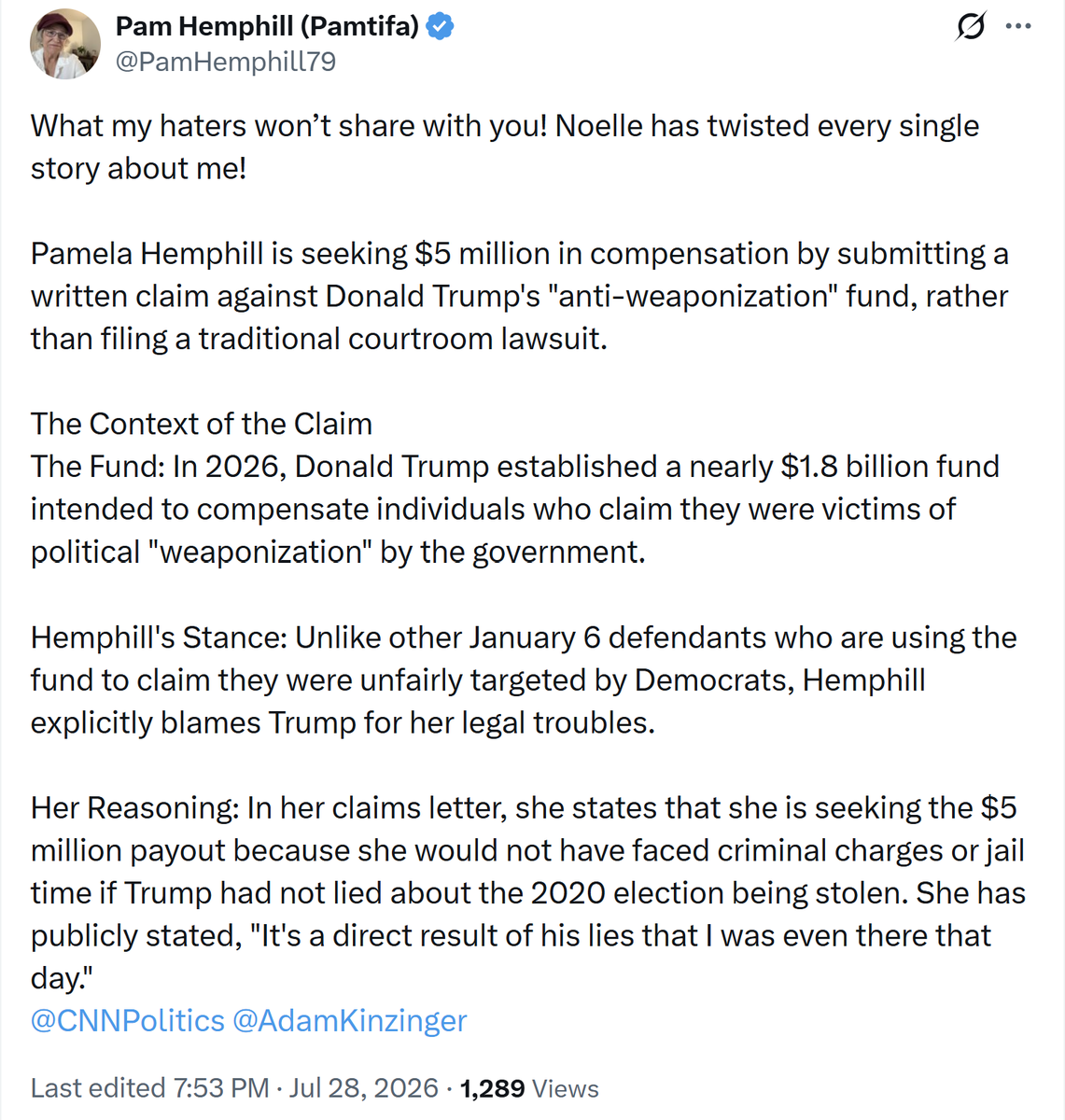noellecook_com's tweet photo. 1/ I did not twist @PamHemphill79’s words. She confirmed the same facts to the AP, on Brian Shapiro's show, in multiple posts, and again in her own AI-generated “rebuttal:" she drafted a claim seeking $5 million from a taxpayer-funded program run by Trump’s administration. https://t.co/t6gzQhznGc