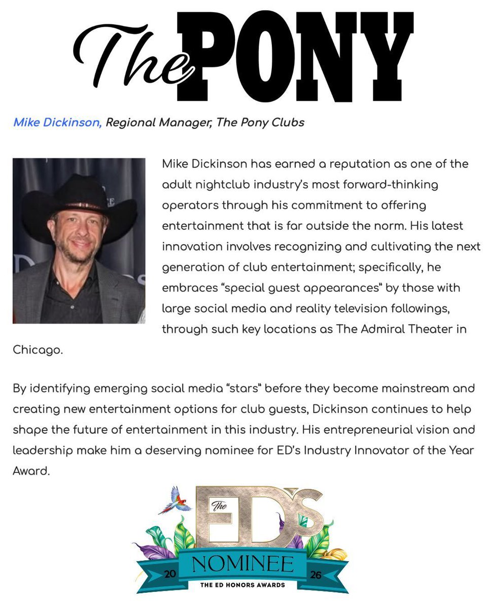 theponyusa's tweet photo. HUGE CONGRATS to @IamMrMikeD for his ED Nomination for the "Industry Innovator of the Year” Award! This is an award Mike cinched last year, and we fully expect him to do the same this year! Well done, Boss! #PonyClubs #MikeDickinson #PonyNation #IndustryInnovator #EDawards https://t.co/ciIuDDshtI