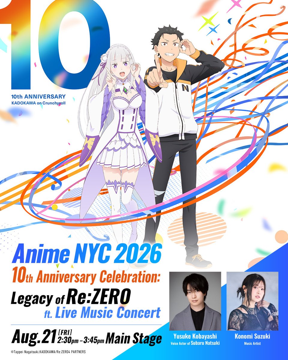 re_zero_global's tweet photo. ◪ Anime NYC 2026 ◪

Panel &amp; Live Concert Announced! 📅
Join Yusuke Kobayashi and Konomi Suzuki for:

“10th Anniversary Celebration:
Legacy of Re:ZERO ft. Live Music Concert”

📅 Fri, Aug 21 | 2:30–3:45 PM
📅 Main Stage

#rezero #AnimeNYC https://t.co/BhgEEm0vPM