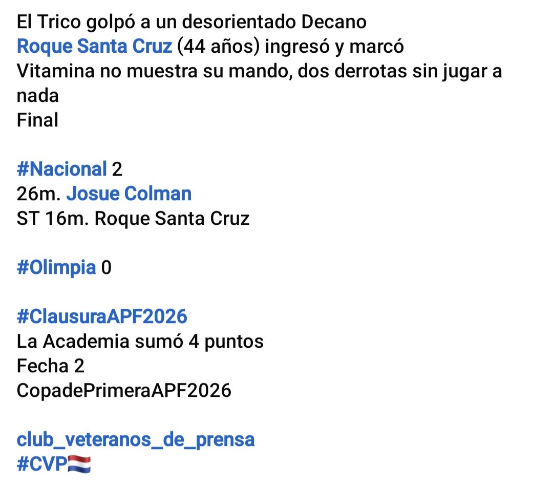 golazotropical1's tweet photo. El Trico golpó a un desorientado Decano
@RoqueSantaCruz (44 años) ingresó y marcó
Vitamina no muestra su mando, dos derrotas sin jugar a nada
#Nacional 2
26m. Josue Colman
ST 16m. Roque Santa Cruz
#Olimpia 0
#ClausuraAPF2026
La Academia 4 puntos
@ClubVeteranos
#CVP🇳🇱 https://t.co/q1zdb7hPIX