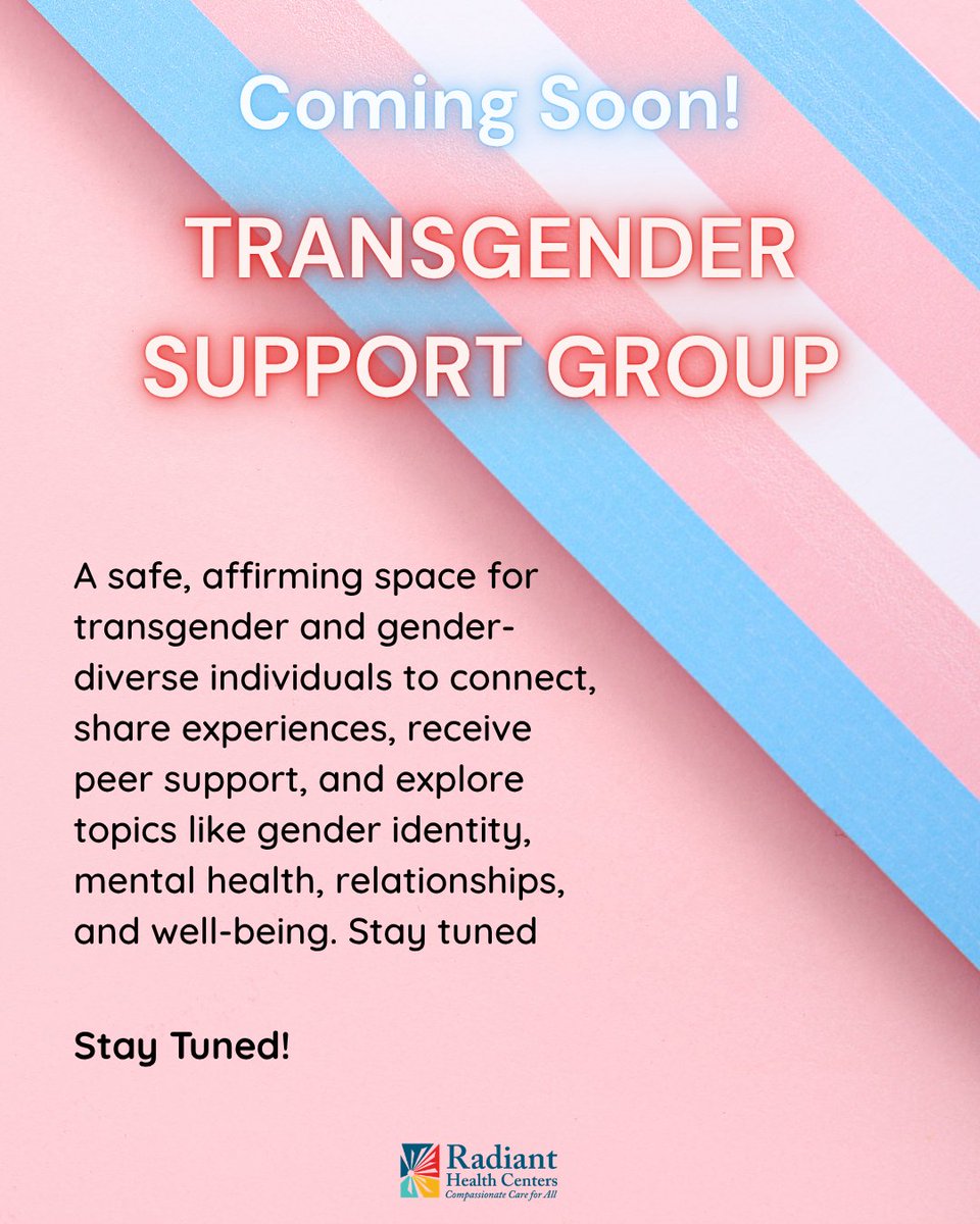 radianthealthoc's tweet photo. Coming Soon! Trans Support Group, a safe and affirming space for transgender and gender-diverse individuals to connect, share experiences, receive peer support, and discuss mental health, relationships, transition, and well-being. #RadiantHealth40 #TransSupport #CommunityCare https://t.co/w6jWWMhJzG