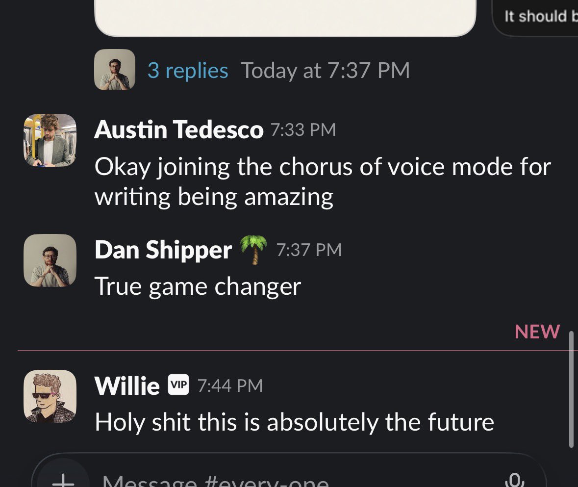 danshipper's tweet photo. Almost every single person @every is freaking out about how good voice mode in ChatGPT for Work is

Have not seen vibes this high in a while. If you haven’t tried it yet, you should https://t.co/L6c67tNeF2