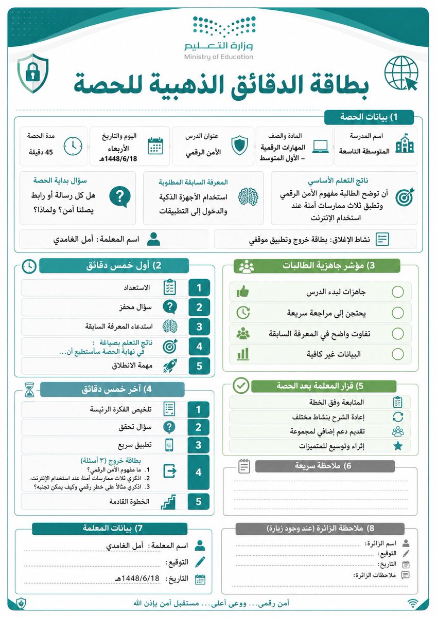 ali_alqhtani05's tweet photo. فكرة مختلفة وبسيطة للمعلمين والمعلمات:
«بطاقة الدقائق الذهبية للحصة» ⏱️

تركّز فقط على أول خمس دقائق وآخر خمس دقائق؛ لأن بداية الحصة تضبط الانتباه، ونهايتها تكشف هل تحقق التعلم فعلًا أم انتهى الجرس وخلاص 😅

طريقة الاستخدام:
انسخ البرومبت، وعدّل البيانات بين الأقواس، ثم أرسله إلى أداة إنشاء الصور بالذكاء الاصطناعي.

#البرومبيت جاهز للنسخ في التعليق الأول
#وزارة_التعليم
#التوجيه_الطلابي
#النشاط_الطلابي
#الإدارة_المدرسية