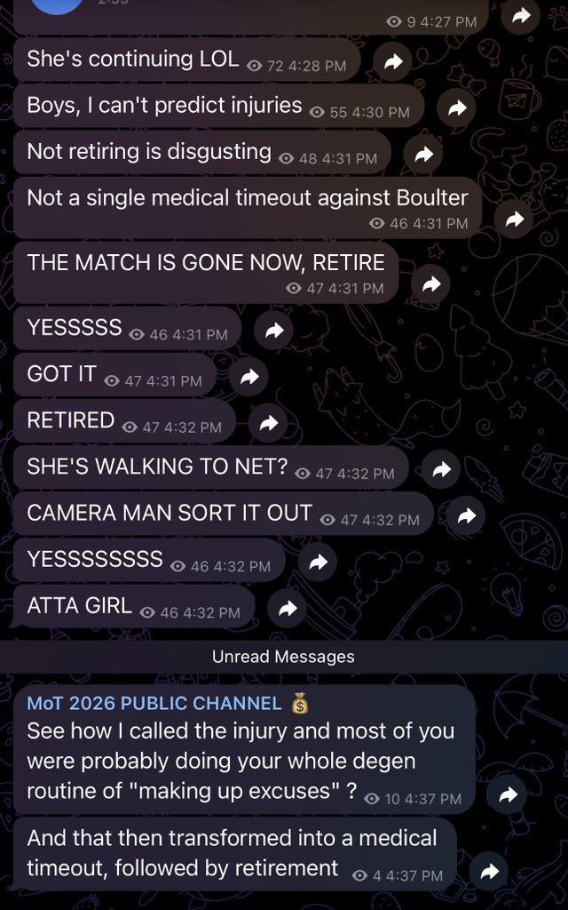 forehandfortune's tweet photo. Part 2.

Here’s more of how Money on Tennis actually operates once you’re inside the VIP/live chats.

When a player starts looking injured and it helps his side, he doesn’t just hope — he starts calling for the retirement in real time (“THE MATCH IS GONE NOW, RETIRE”, “YESSSSS”, “ATTA GIRL”). Then the second it happens he posts in the public channel gloating that he “called the injury” while the rest of you were just “making up excuses.”

When a live play turns against him he’ll say “I have to lower stakes”… then go right back to posting 50u–75u “absolute screamers” the next day.

When clay season frustrates him he spams “CLAY IS CANCER” over and over.
When he doesn’t want to risk recent wins he tells the group he “can’t lose you guys all the profit I made you by trying to cap a worthless part of the season.”

High-unit graphics that lose get removed from the channel. The winners stay up with the fancy edits so the page always looks like a highlight reel.

No tracked record. No slips. Just constant narrative control and selective memory.
This is the full picture.

#TennisBetting #SportsBetting #MoneyOnTennis #MoT #BettingTwitter #ATP #WTA