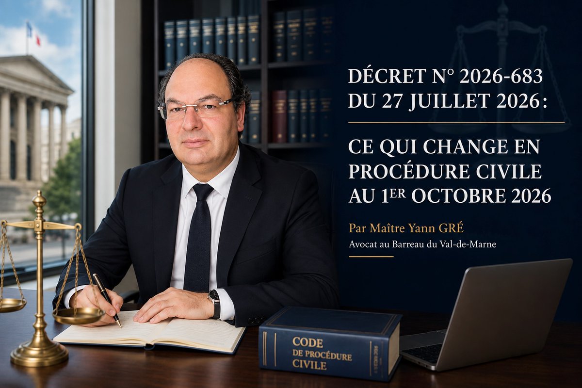 Yann_GRE's tweet photo. Décret n° 2026-683 du 27 juillet 2026 : plusieurs règles de procédure civile évoluent à compter du 1er octobre 2026.
Analyse complète par Maître Yann GRÉ, avocat à Créteil, Val-de-Marne.
https://t.co/jdb7PndELk
#ProcedureCivile #Decret2026683 #AvocatCréteil #ValDeMarne https://t.co/si8Kj8Kn46