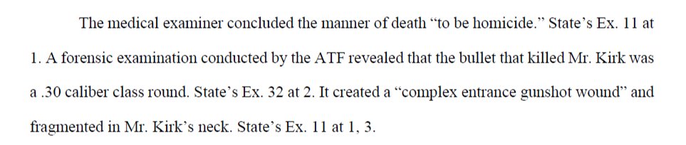 aburkhartlaw's tweet photo. Although we didn't get the autopsy report, the State has shared a lot of details of its findings in their memorandum supporting bindover of Tyler Robinson. The complex entry wound coupled with fragmentation is consistent with the bullet destabilizing before impact, such as due to yaw. There are many other very specific details of the damage caused to Charlie that are consistent with extensive fragmentation of a rifle bullet.

Document 👉https://t.co/RLNALNxnqs