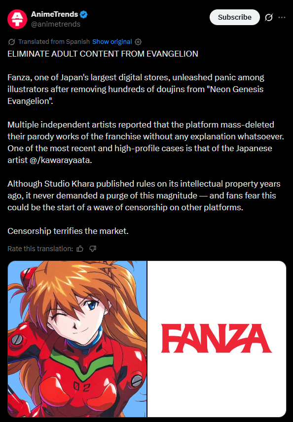 Pagan_GMR's tweet photo. Holy censorship, Nezuko-chan…

Every time I look around, censorship is getting more out of control. Why is the world so hell-bent on scrubbing everything clean? Has everyone gone mad?

I feel like I’m losing my mind trying to defend fiction and fight this nonsense. Every time I call something out, another censorious head pops up.

This one is even more ridiculous though.

An adult store is mass-deleting adult Evangelion doujins. Hundreds of works just wiped with no explanation. Independent artists losing their content overnight.

Studio Khara never even demanded a purge this aggressive. And now fans are worried this is the start of a bigger wave.

An adult platform censoring adult content.
I genuinely don’t understand this one.

Fiction doesn’t hurt anyone.
People with weak minds and control issues do.

Real fans don’t cancel.
Real fans don’t censor.

#AntiCensorship