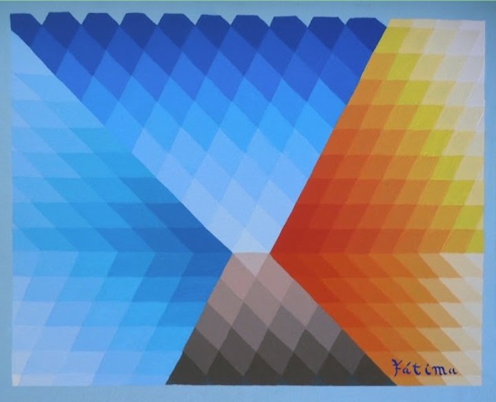 fatima_opart's tweet photo. Mi Pintura #OpArt #Azul 19, es una alegoría a los rayos oblicuos del #sol durante el #atardecer. Mostrando los tonos rojos, amarillos y naranjas del ocaso, y los celestes y grises del #cielo por oscurecer.

https://t.co/DtCOEnuP9h https://t.co/JM7fxic67w