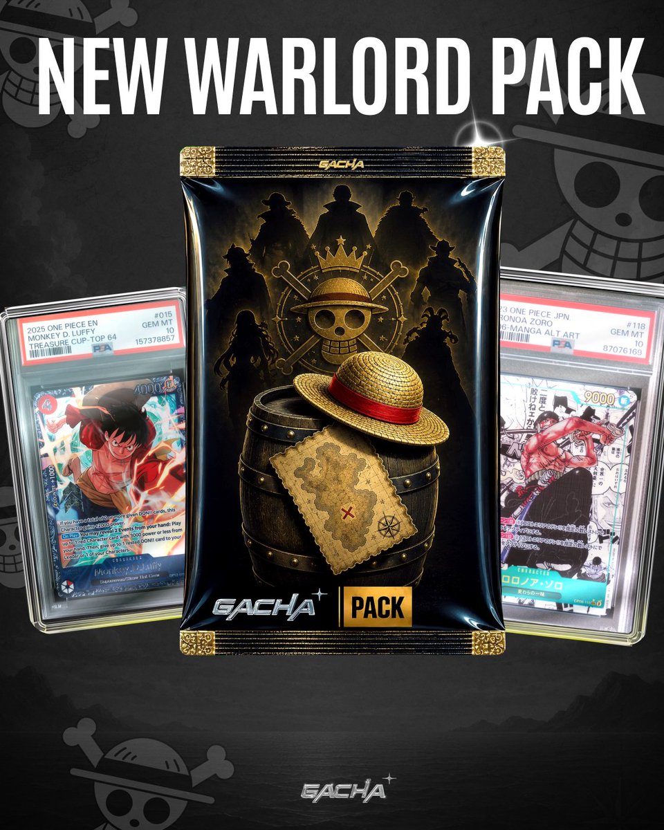 gacha_game_'s tweet photo. WE'RE BACK WITH A BRAND NEW PACK 🏆

The New Warlord Pack starts at $199
·slabs from all seven warlords
· sought-after SPs
· high-end hits from some of the Grand Line’s most legendary pirates.

Play today 👇 https://t.co/W1z0X2Mhg7
