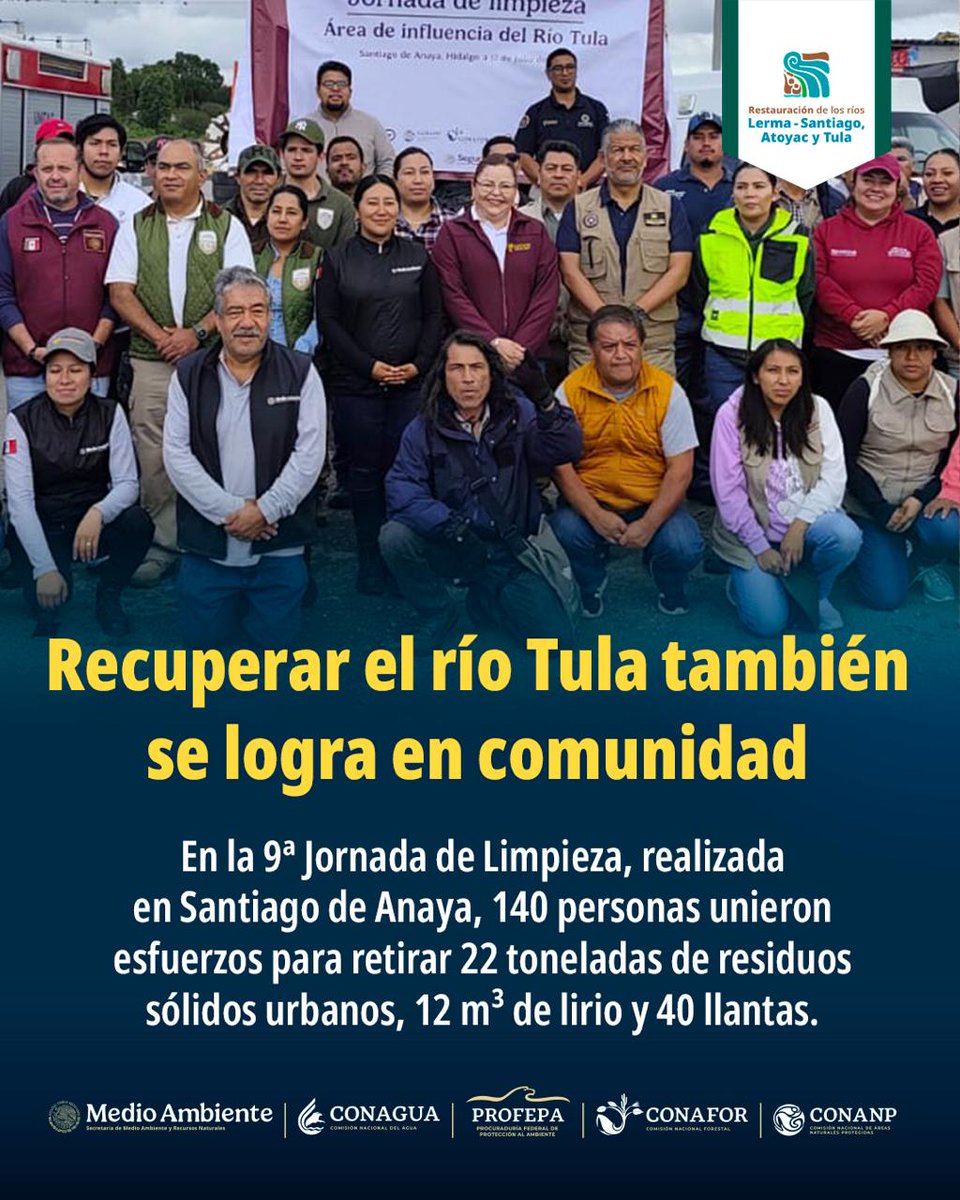 SEMARNAT_mx's tweet photo. ♻️Cada jornada de limpieza suma esfuerzos para devolverle vida al #RíoTula y mejorar la calidad ambiental de la cuenca.

En la 9ª Jornada de Limpieza, realizada en Santiago de Anaya en días pasados, se retiraron:

🗑️ 22 toneladas de residuos sólidos urbanos
🌿 12 m³ de lirio acuático
🛞 40 llantas

Con acciones coordinadas entre autoridades de los tres órdenes de gobierno, sociedad civil y el sector empresarial, seguimos avanzando en el saneamiento de este importante afluente de agua y la restauración de nuestros ecosistemas.

#SomosMedioAmbiente