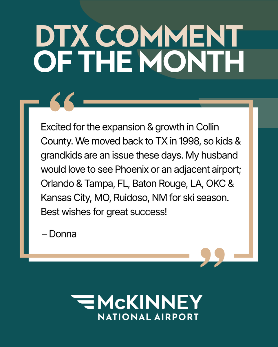 flyDTX's tweet photo. #CommentOfTheMonth 🗺️
Donna is looking forward to seeing flights to both Tampa &amp; Orlando
Keep the ideas coming! We're sharing your feedback with current and potential airline partners as we plan for the future of air service in McKinney.
https://t.co/W3FZbwOMFx
#NorthTexasTravel https://t.co/1x5Sx6Loy8