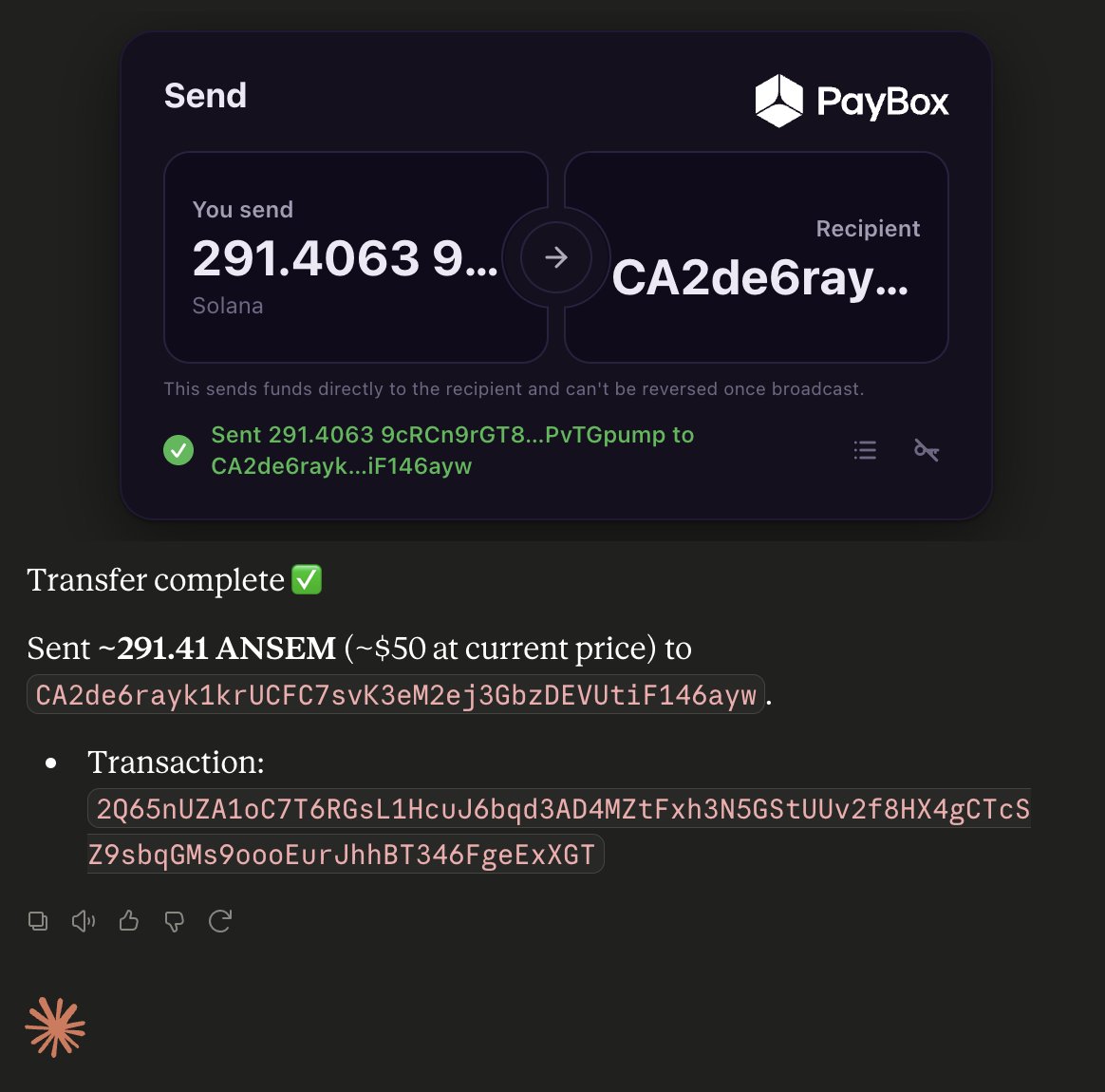 moonpay's tweet photo. hi @_lostsoulsurfer you just got PayBox'd $50 of solana:9cRCn9rGT8V2imeM2BaKs13yhMEais3ruM3rPvTGpump 

for everyone trying to keep up, we bought these tokens and sent these tokens without ever leaving our Claude chat 

💸💸💸 https://t.co/zboZiFfaPC