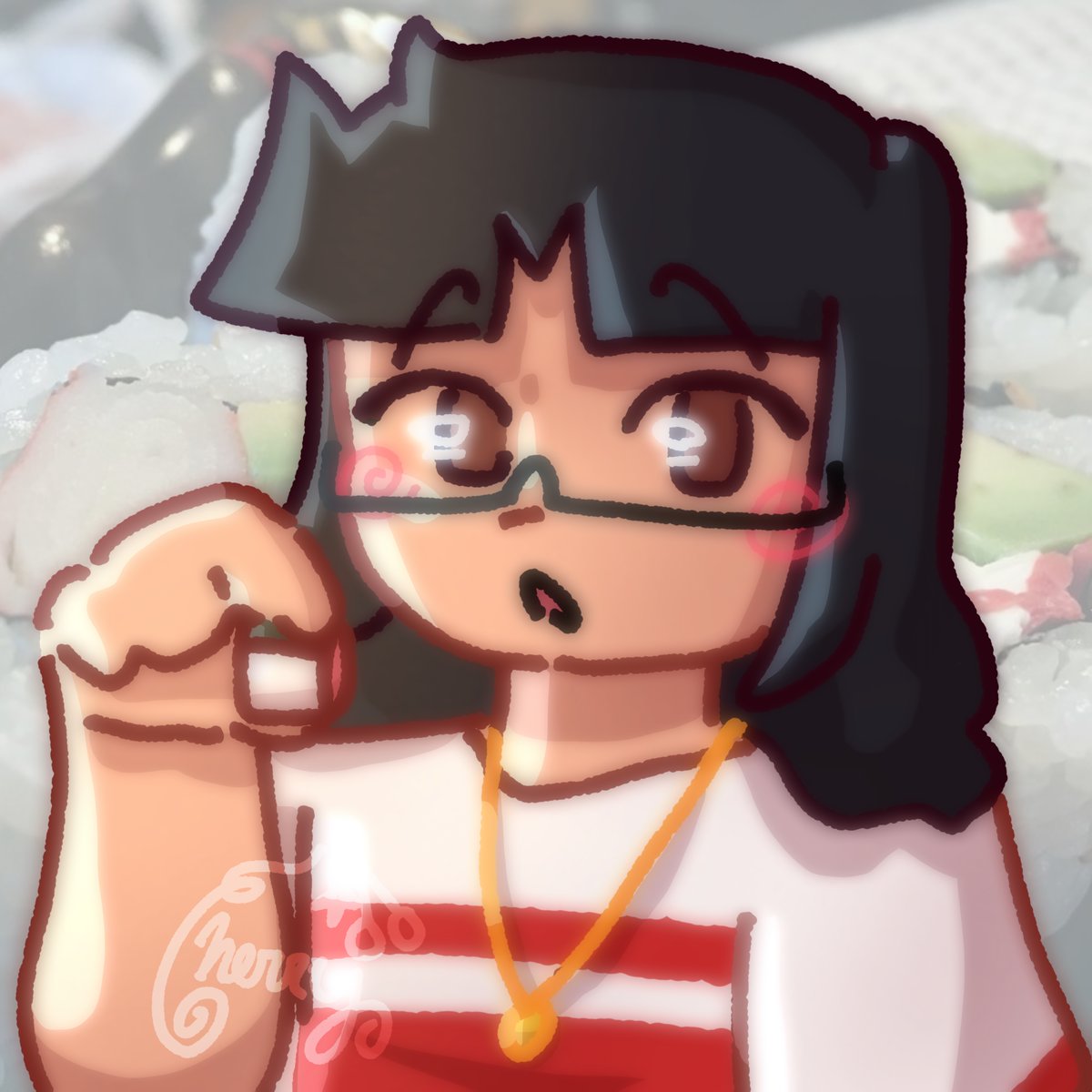 cherrmii's tweet photo. I FORGOT THE BLUSH HELP ME UR SUSHI GLUTTONY STILL SICKENS ME THO @ItsMisophhere https://t.co/rDX8Ti0O5u