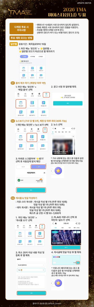 Plave_Stream's tweet photo. 🏆 2026 TMA 마이스타상 (남) 🏆

투표 기간
1차 투표 : 7월 20일(월) 12:00 PM ~ 8월 3일(월) 12:00 PM (KST)
             -> 상위 20팀 본투표(2차 투표) 진출
2차 투표 : 8월 3일(월) 12:00 PM ~ 8월 17일(월) 12:00 PM (KST)

투표 어플
팬앤스타(FAN N STAR)
https://t.co/jGgeqe1Tt8

✔️ 매일 투표

가이드 자세히보기 
https://t.co/HbtpjDJ6cZ

#PLAVE #플레이브 #プレイブ #예준 #Yejun #イェジュン #노아 #Noah #ノア #밤비 #Bamby #バンビ #은호 #Eunho #ウノ #하민 #Hamin #ハミン