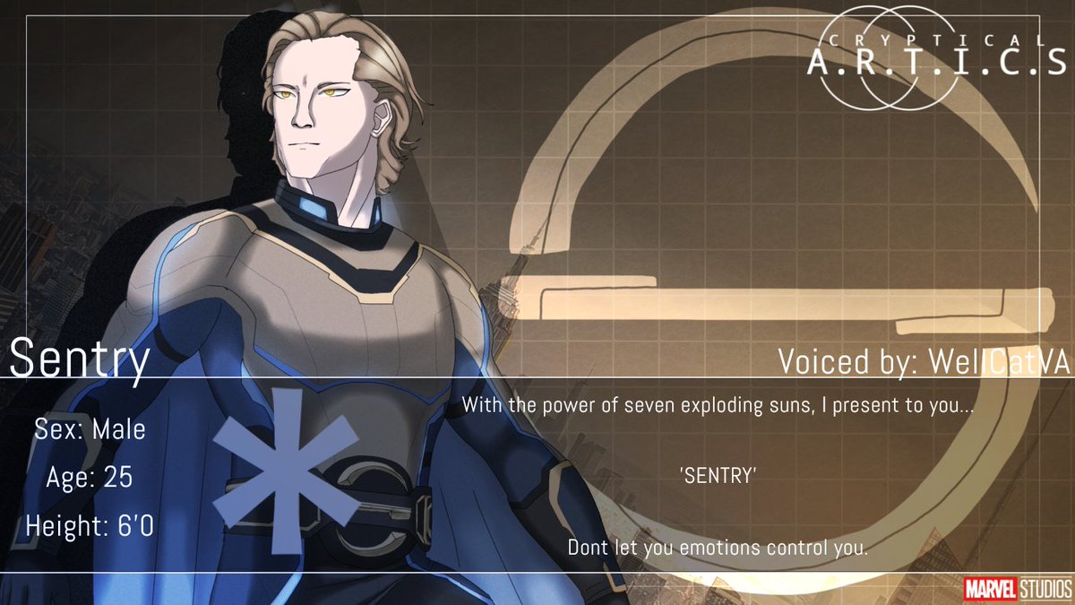 CrypticalArtics's tweet photo. "Great emotion can overtake your Senses, don't let it get to you."
Please welcome @WellcatVA as the voice actor of Sentry! So glad to work with them!
#Marvel #Fangantwt #CrypticalARTICS #ACU https://t.co/TOeogjMT4a