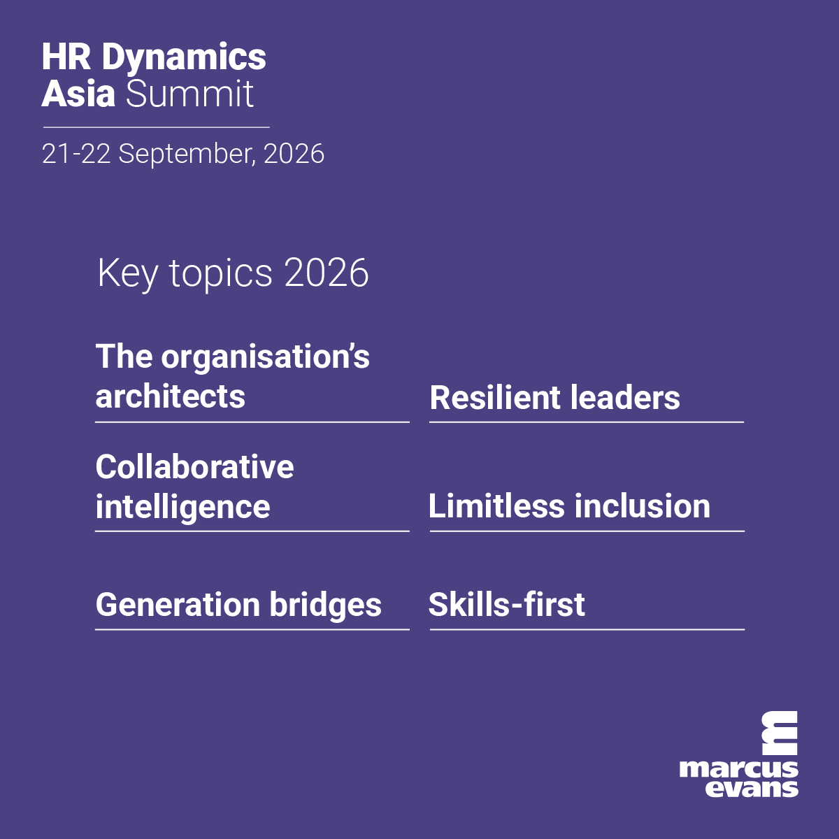 marcusevans's tweet photo. 📋 Six themes. One summit. Endless impact.

Two days of curated sessions designed to spark conversation and drive change.

🗓️ 21-22 September, 2026 | Dusit Thani Laguna Singapore 🔗 https://t.co/zRYXN1tcXz

#HRDynamicsAsia2026 #KeyTopics #FutureOfWork #HRStrategy #marcusevans https://t.co/eOCZkXEg8i