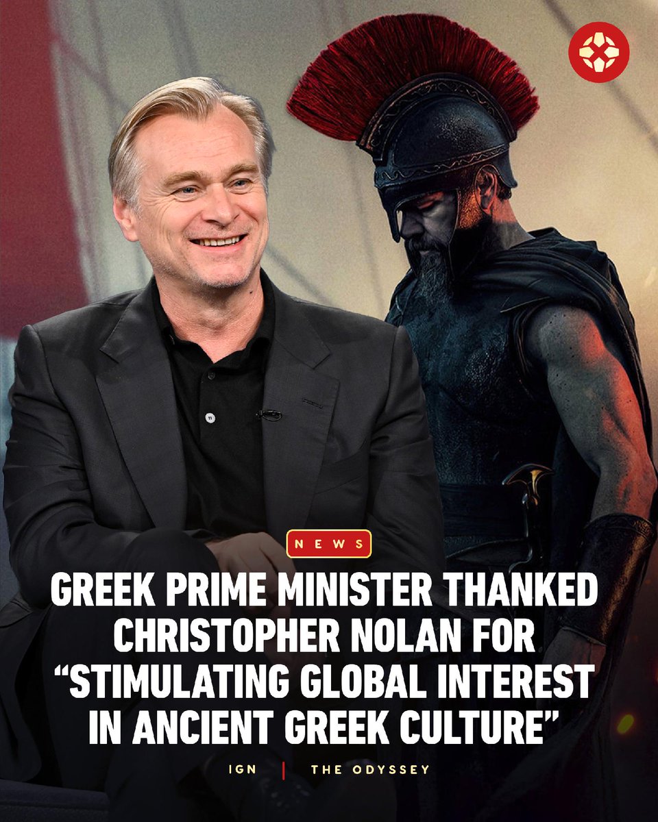 IGN's tweet photo. The Greek prime minister called Christopher Nolan to personally congratulate him for The Odyssey, and also thanked him for filming a lot of the movie in Greece. https://t.co/FkJIaBWHR2 https://t.co/SSnuzs4gNy