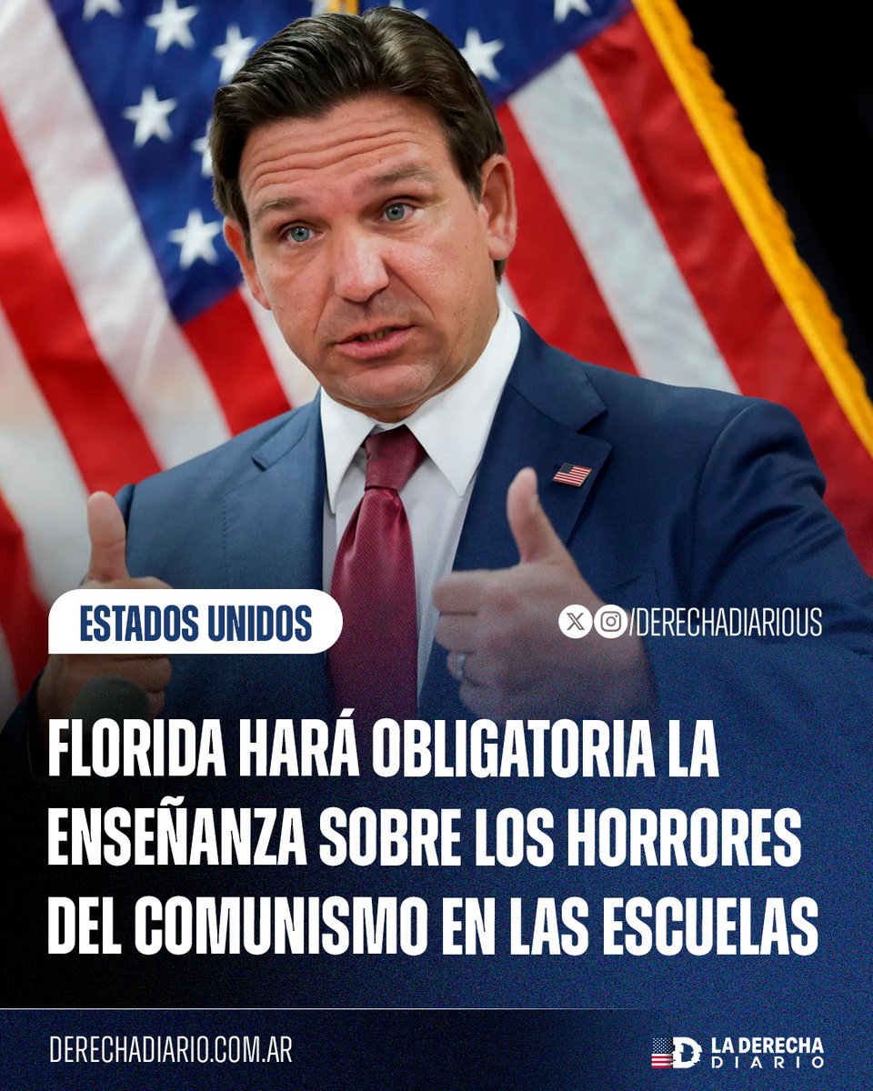 DerechaDiarioUS's tweet photo. 🚨🇺🇸 | El gobierno de Florida implementará un plan de estudios obligatorio sobre la historia y los horrores del comunismo a partir del curso escolar 2026/2027. https://t.co/rTi4eTJ5f3