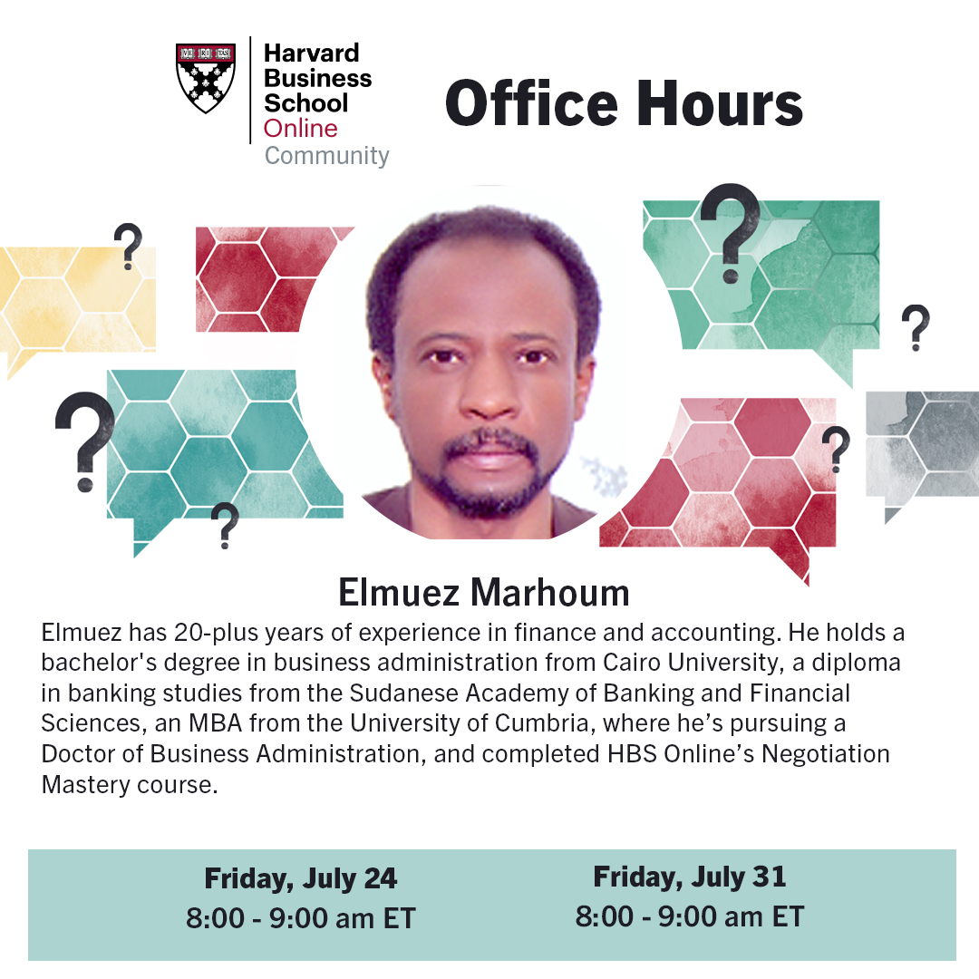 online_HBS's tweet photo. Curious about taking an HBS Online program? 

Visit the HBS Online Community and ask Elmuez about his learning experience, and he'll respond during the scheduled Office Hours: https://t.co/0RYQKM3sV2

#HBSOnlineCommunity https://t.co/zxfTAGBb81
