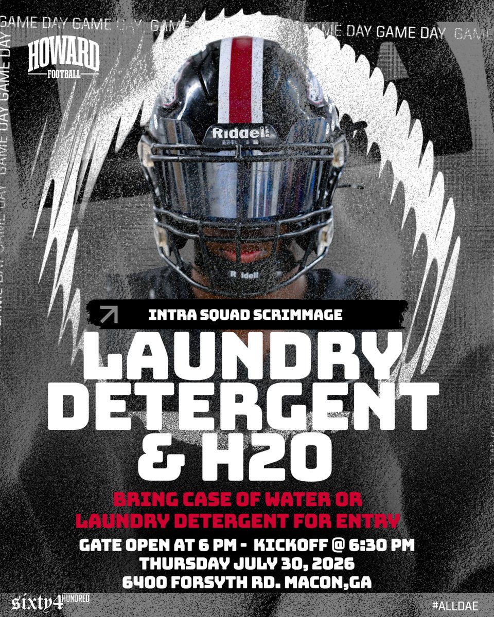 HHSHuskiesFB's tweet photo. 2026 Intrasquad Scrimmage. 🏈 CARDINAL vs. WHITE.

🎟️ Admission: Bring a case of water or a jug of laundry detergent to support our football program.

📅 Thursday, July 30
🚪 Gates Open: 6:00 PM
🏈 Kickoff: 6:30 PM
📍 Howard High School
6400 Forsyth Rd. | Macon, GA

#AllDAE https://t.co/nZB28dAR6S