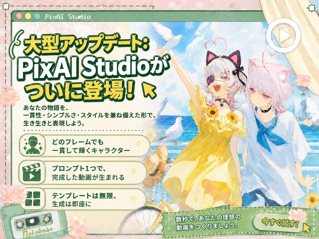 PixAI_Official's tweet photo. 📢 大型アップデート：PixAI Studioが正式リリース！
PixAIをご利用の皆さまへ

複雑なアイデアも、スムーズかつ自由に形にできる新たな制作ワークスペース「PixAI Studio」が登場しました。

❓ PixAI Studioとは？
PixAI Studioは、PixAIの新しいワークフローツールです。生成・編集・素材管理の各ノードを組み合わせることで、複雑な制作プロセスを一か所で処理するカスタムワークフローを構築できます。
中心となるのは柔軟なキャンバスで、ノードを通じてさまざまなクリエイティブステップを配置・接続できます。各ノードは画像・動画・テキスト・音声などの素材を表し、接続によって出力が次のプロセスへと流れる仕組みです。
PixAI Studioなら、複数の生成・編集工程を一つのワークフローにまとめ、制作プロセス全体を一か所で実行できます。シネマティックな動画の制作から連載漫画の作成まで、あらゆる創作シーンに対応します。

✨ PixAI Studioが選ばれる理由
• PixAIのモデルエコシステムを搭載
PixAI Studioでは、自社開発のアニメ画像モデルをはじめ、PixAIのモデルエコシステムに直接アクセスできます。さまざまな生成ツールとPixAI独自のクリエイティブ機能をシームレスに組み合わせることが可能です。 

• PixAIクリエイターのための制作環境
すでにPixAIに作品コレクションをお持ちですか？それなら、ぜひ活用してみてください。
PixAI Studioでは、既存の作品を再利用し、PixAIのモデルと組み合わせることで、新しい表現を試したり、作品を編集したり、創作の可能性をさらに広げたりできます。 

• すぐに使えるテンプレート
ゼロからワークフローを作る必要はありません。あらかじめ用意された動画・画像テンプレートを使えば、すぐに制作を始められます。 

• シーンをまたいでもキャラクターの一貫性を維持
PixAI Studioは、複雑な制作において、キャラクターの一貫性を維持するのに役立ちます。まとまりのある物語やアニメーション、連載コンテンツをよりスムーズに制作できます。 

パワフルなAIワークフローで、あなたのアイデアを形にしてみませんか？

今すぐPixAI Studioで制作を始めましょう！

https://t.co/yjlazmlxcA

PixAIチーム