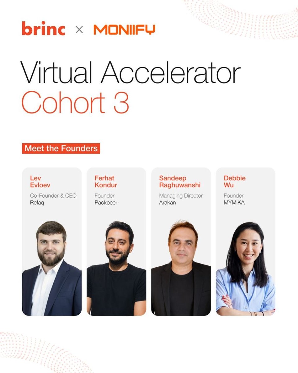 brincvc's tweet photo. Four weeks. Five founders. One investor-ready cohort.

Cohort 3 of the Brinc × Moniify Virtual Accelerator has officially wrapped, culminating in an investor-only Demo Day last Thursday.

Over the past month, these founders didn't just refine their startups, they sharpened every part of their fundraising story.

From tightening pitch decks and data rooms to distilling their vision into compelling 2–3 minute pitches, they worked through GTM strategy, fundraising, mentor sessions, and investor feedback to become stronger, more confident founders.
Meet the graduating cohort:

MYMIKA – Helping people get more from the clothes they already own with an AI personal stylist. Now serving nearly 25,000 users after 20x growth YTD.

Packpeer – Building an AI-agent procurement platform that's transforming packaging sourcing across a network of 500+ factories, already working over 30+ global brands

Arakan – UAE native, AI powered compliance. Every UAE regulation that applies to your business: found, checked and actioned.

Refaq –  AI-powered workforce readiness platform helping Saudi employers transform localization mandates into measurable workforce productivity.

To every founder: thank you for your commitment, openness to feedback, and relentless execution throughout the program. It was a privilege to work alongside you.

We're excited to see what's next as you continue conversations with investors, close partnerships, and build the next phase of your companies.

Congratulations on graduating Cohort 3. 🚀